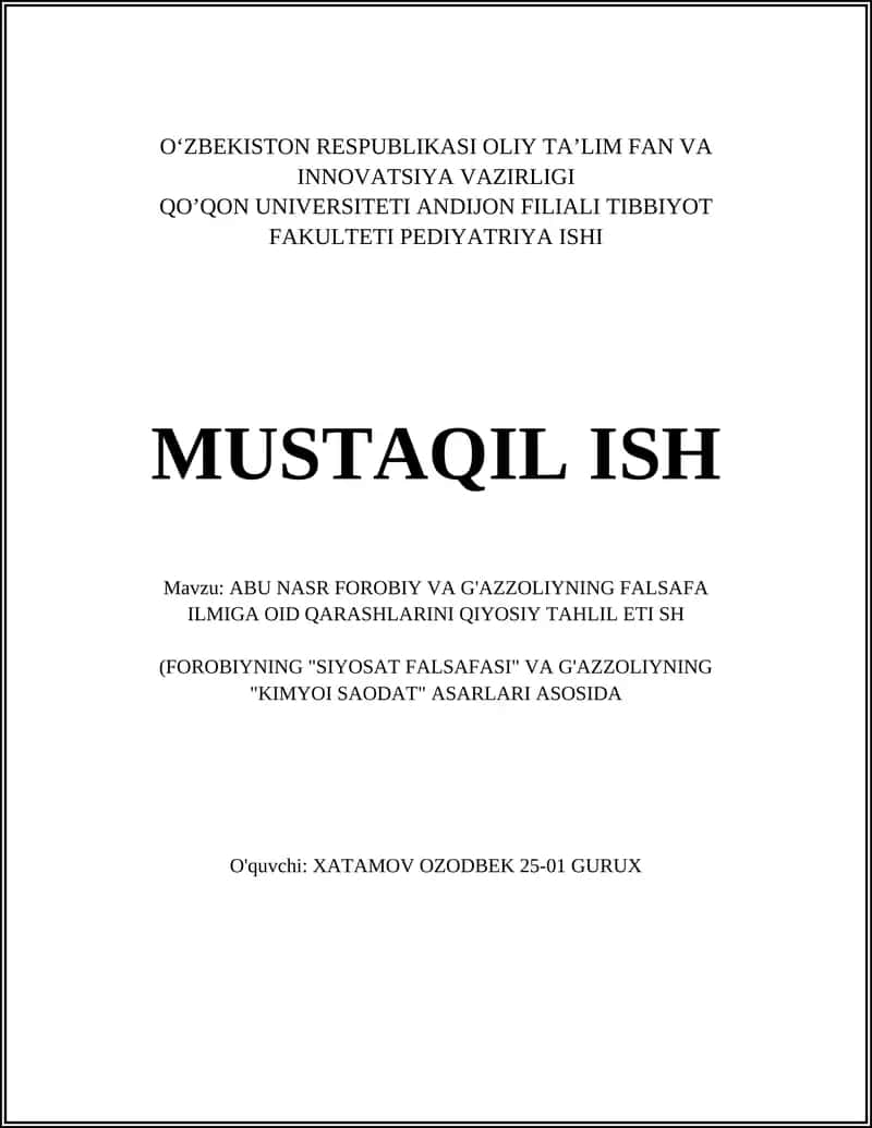 ABU NASR FOROBIY VA G'AZZOLIYNING FALSAFA ILMIGA OID QARASHLARINI QIYOSIY TAHLIL ETI SH 1