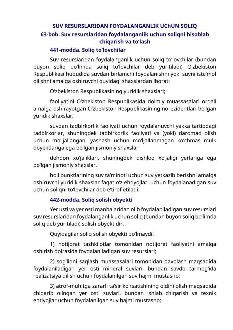 Suv Resurslaridan Foydalanganlik uchun Soliq 1