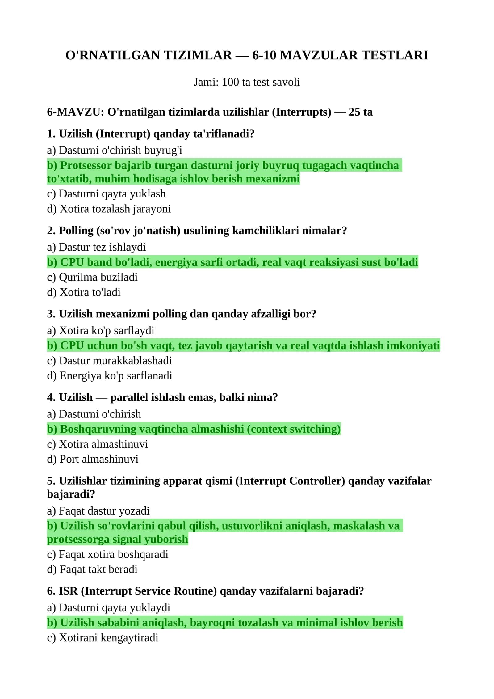 O'RNATILGAN TIZIMLAR — 6-10 MAVZULAR TESTLARI 1