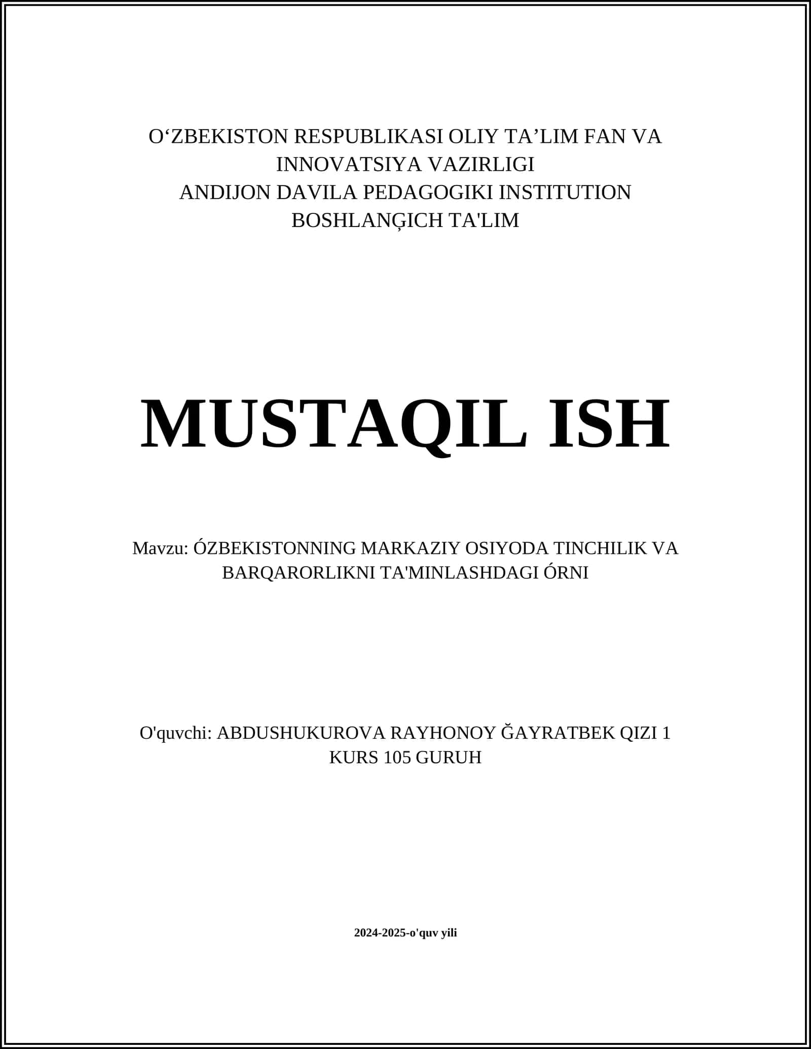 ÓZBEKISTONNING MARKAZIY OSIYODA TINCHILIK VA BARQARORLIKNI TA'MINLASHDAGI ÓRNI 1