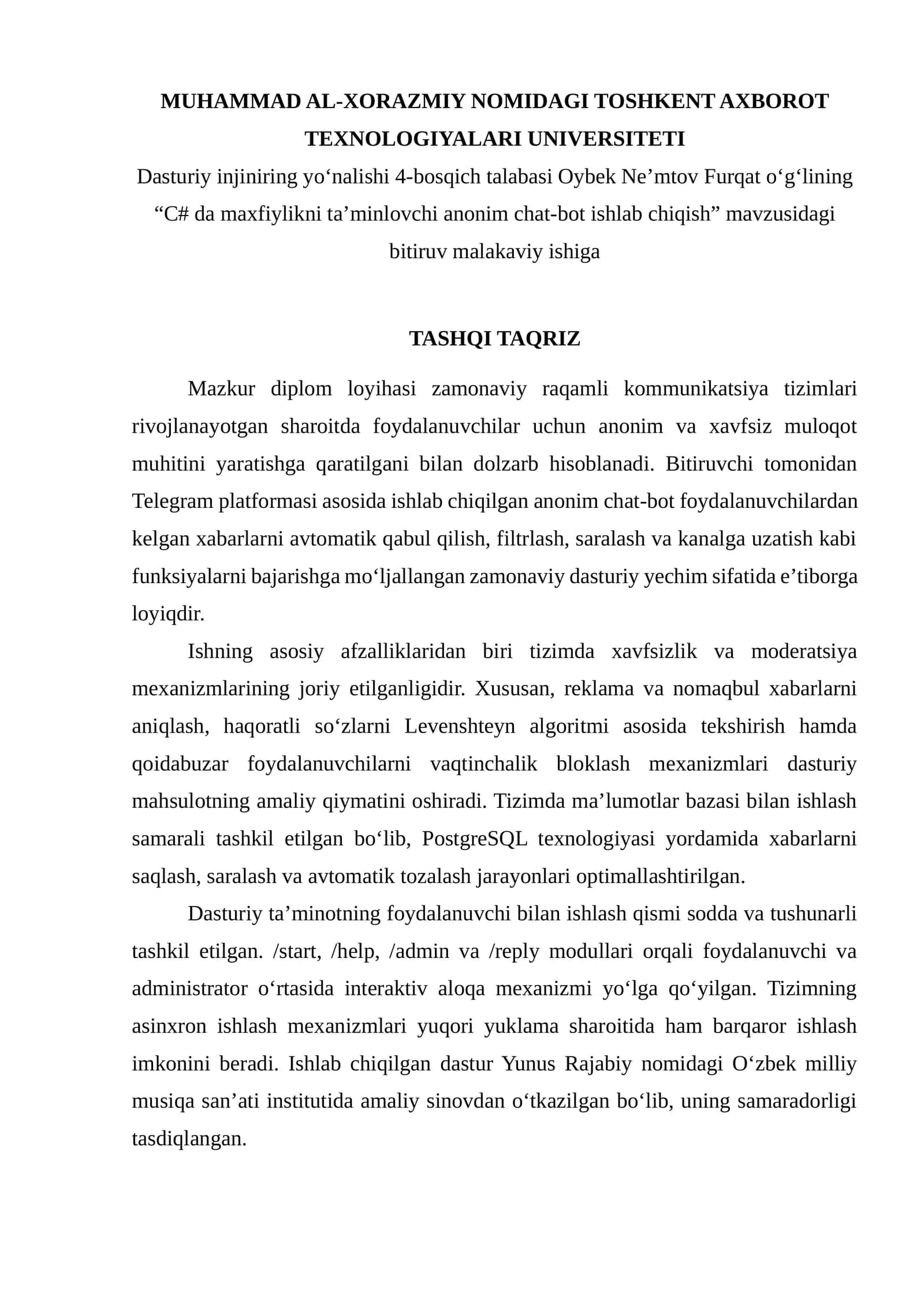 "C# da maxfiylikni ta’minlovchi anonim chat-bot ishlab chiqish" bitiruv ishi 1
