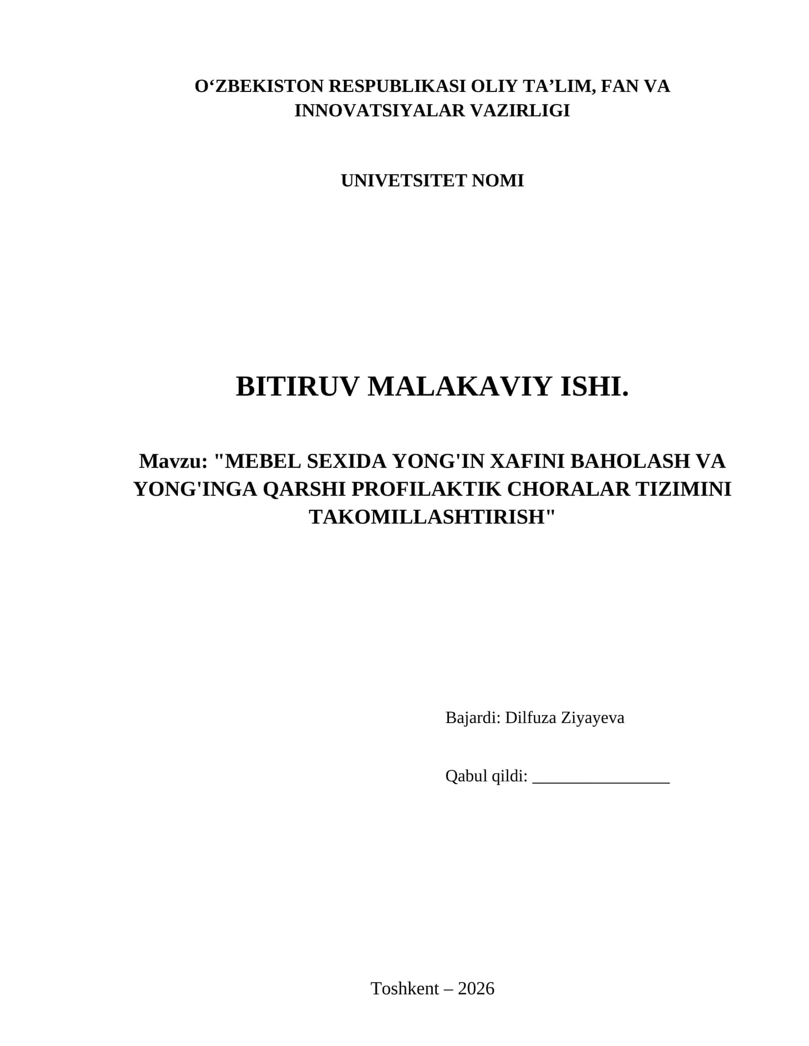 Mebel sexida yong'in xafini baholash va yong'inga qarshi profilaktik choralar tizimini takomillashtirish 1