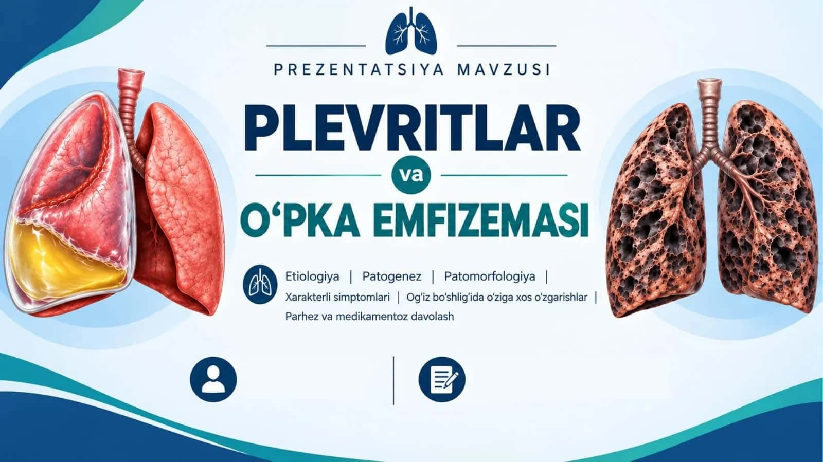 Plevritlar etiologiya, patogenez, patomorfologiya, xarakterli simptomlari. Unda og'iz bo'shlig'ida o'ziga xos o'zgarishlar parhez va medikamentoz davolash. O'pka emfizemasi: etiologiya, patogenez, patomorfologiya, xarakterli simptomlar, og'iz bo'shlig'ida oʻziga xos o'zgarishlar, parhez va medikamentoz davolash. 1