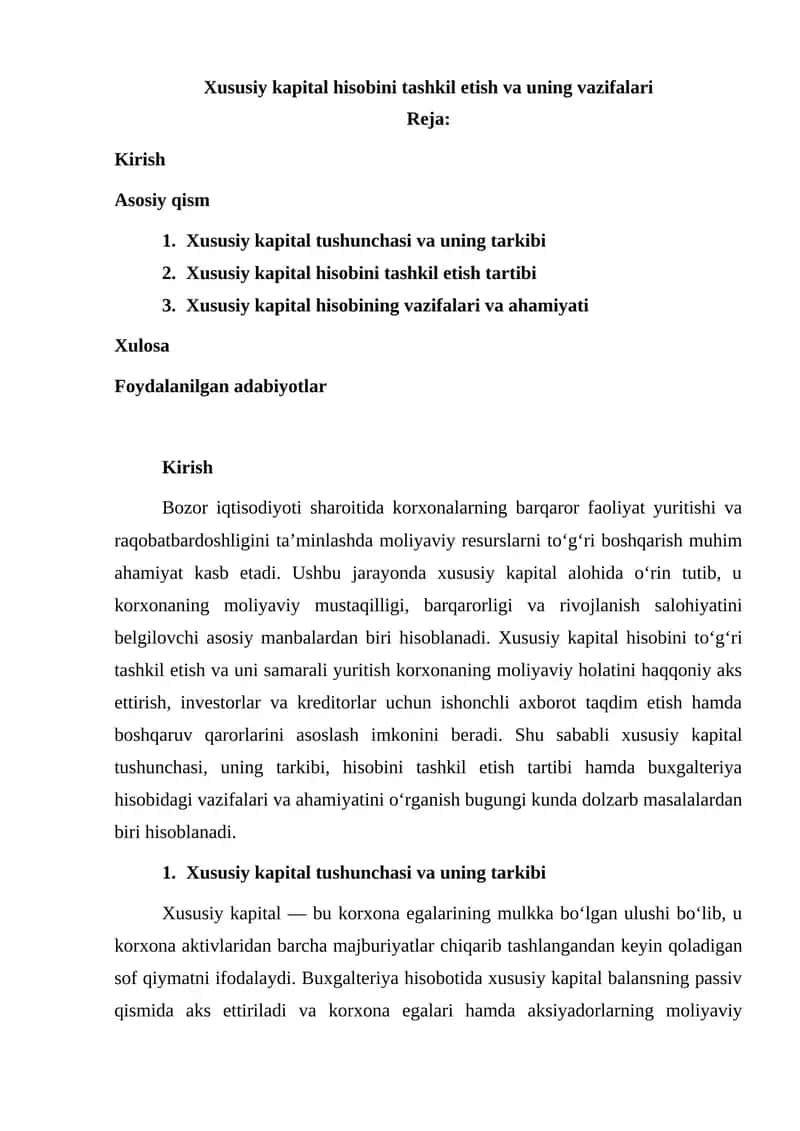 Xususiy kapital hisobini tashkil etish va uning vazifalari 1