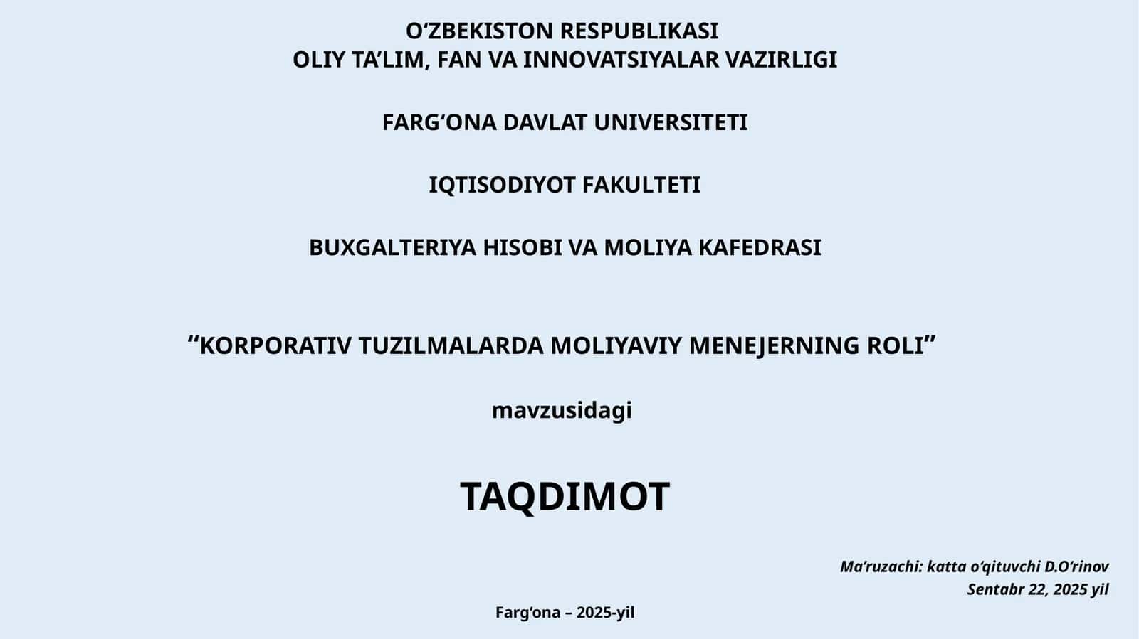 “KORPORATIV TUZILMALARDA MOLIYAVIY MENEJERNING ROLI” taqdimoti 1