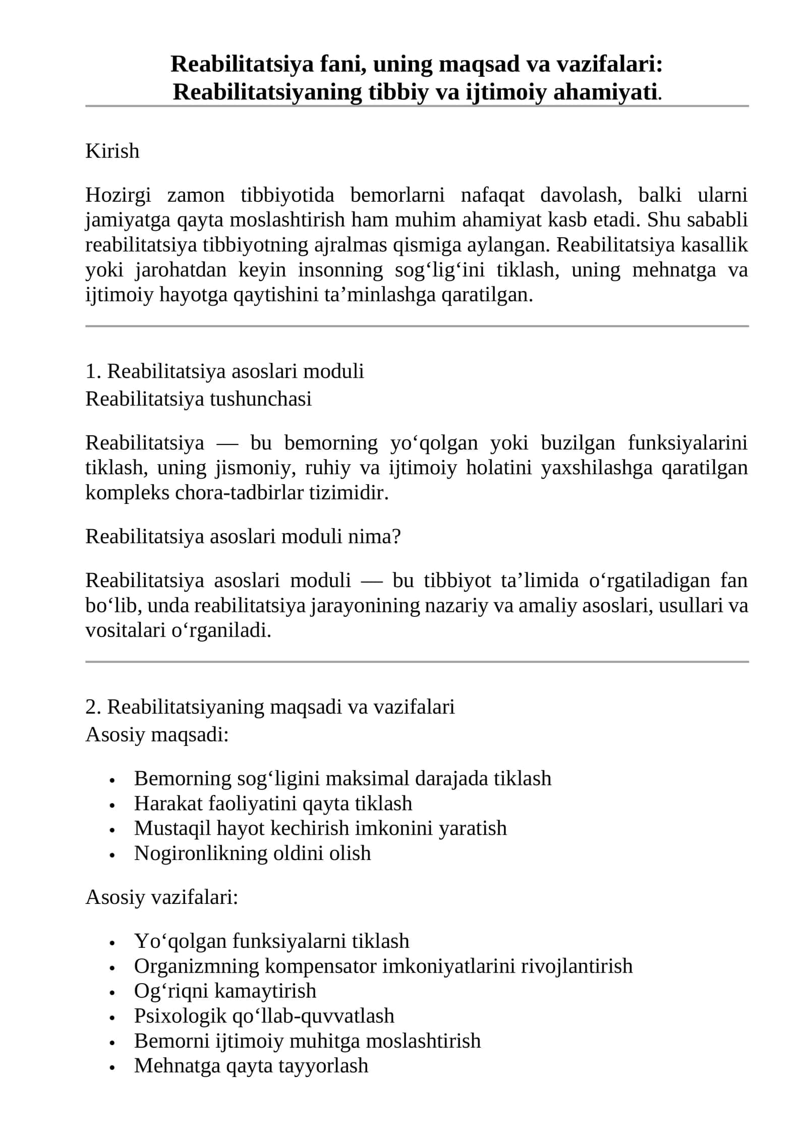 Reabilitatsiya fani, uning maqsad va vazifalari 1