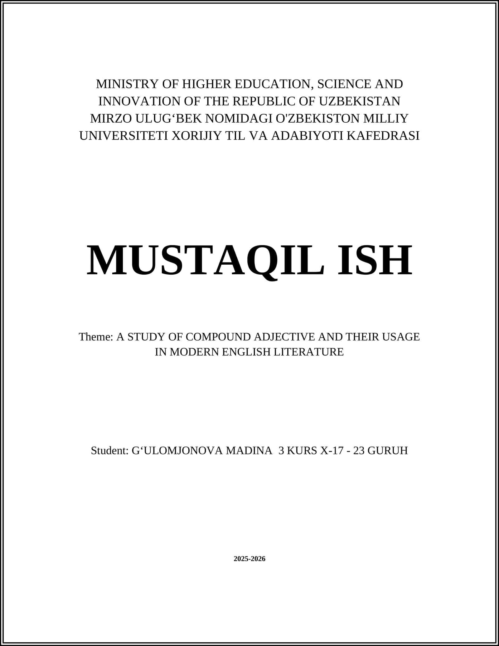 A STUDY OF COMPOUND ADJECTIVE AND THEIR USAGE IN MODERN ENGLISH LITERATURE 1