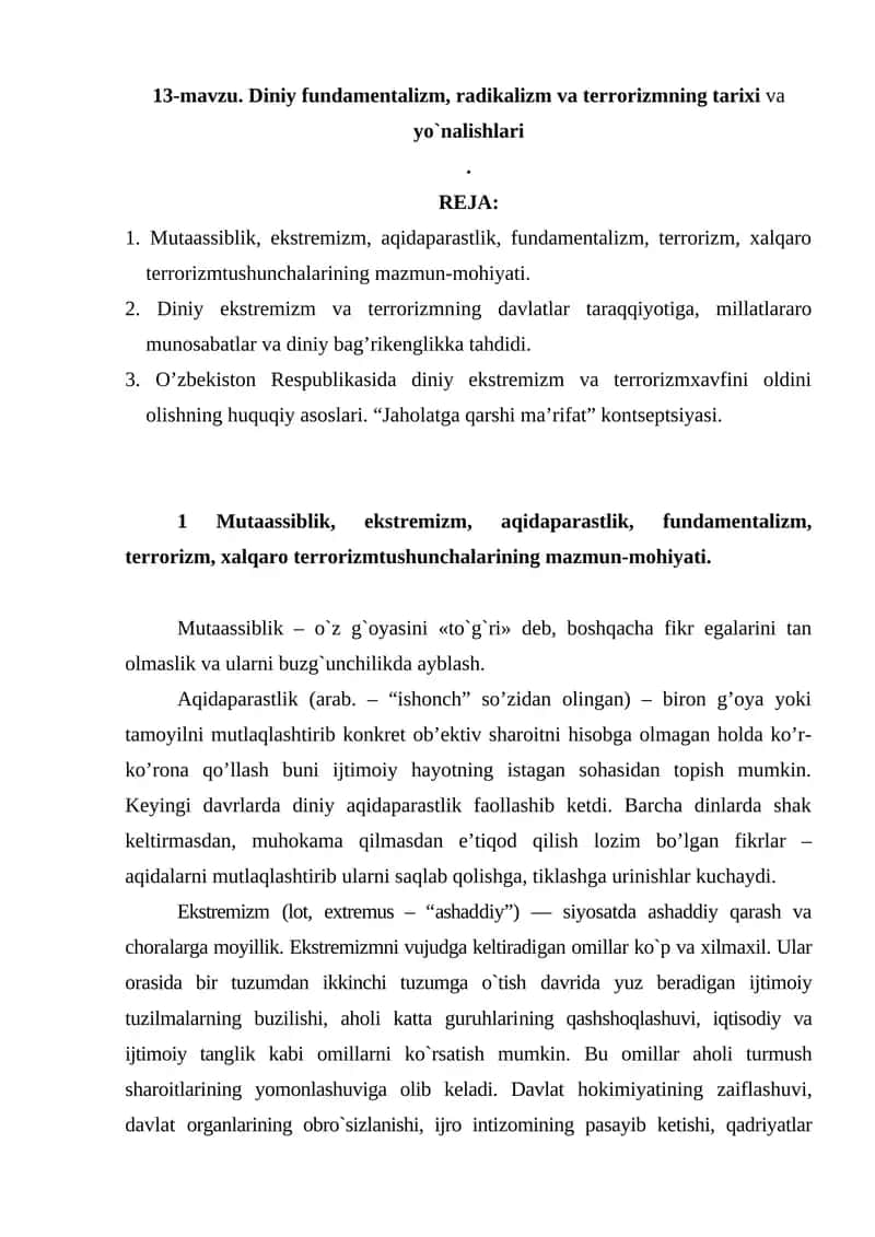 Diniy fundamentalizm, radikalizm va terrorizmning tarixi va yo`nalishlari 1