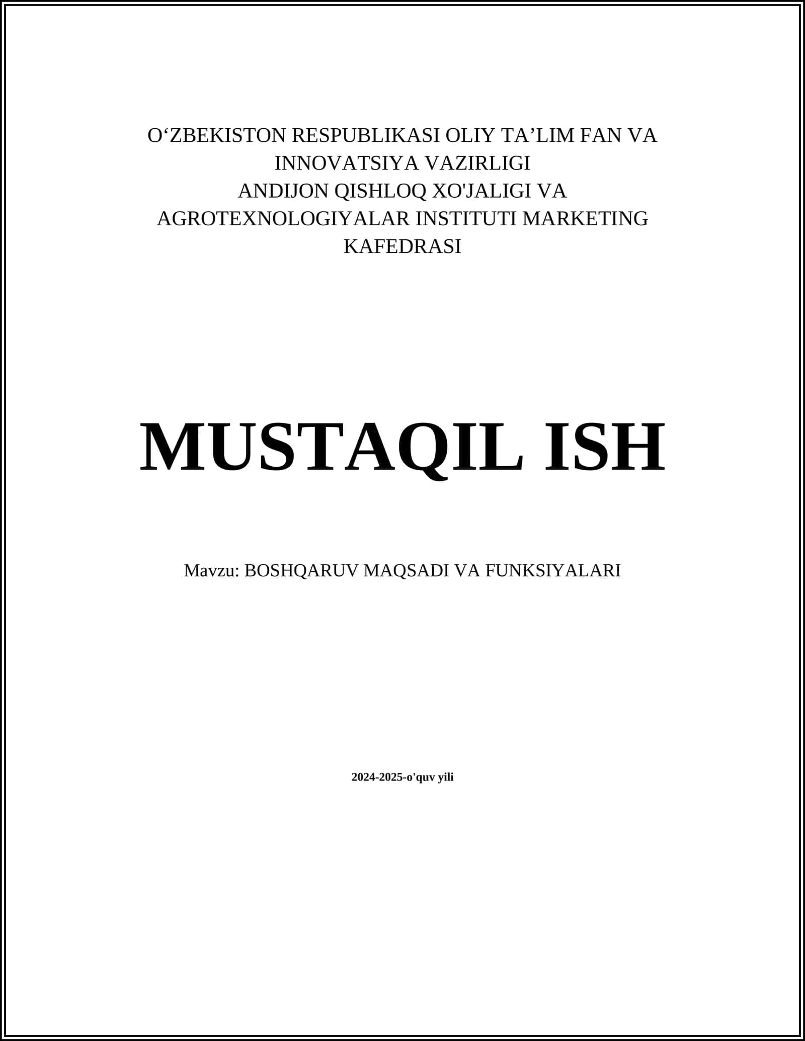 BOSHQARUV MAQSADI VA FUNKSIYALARI 1