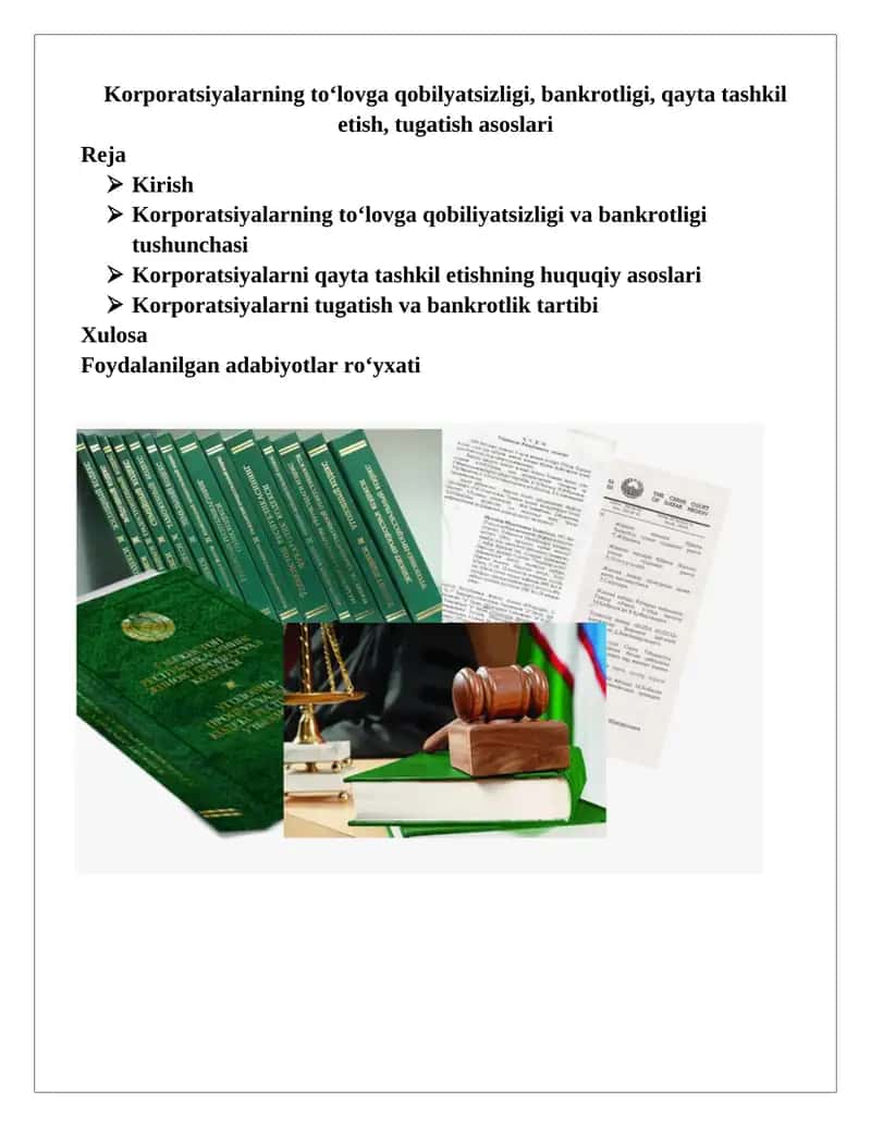 Korporatsiyalarning to'lovga qobilyatsizligi, bankrotligi, qayta tashkil etish, tugatish asoslari 1