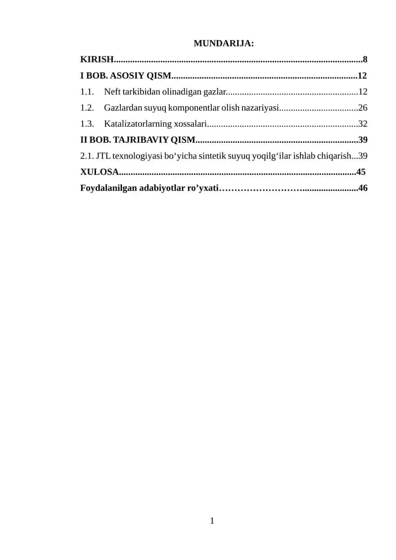 Gazlardan suyuqlik olish jarayonlari va katalizatorlar. 1