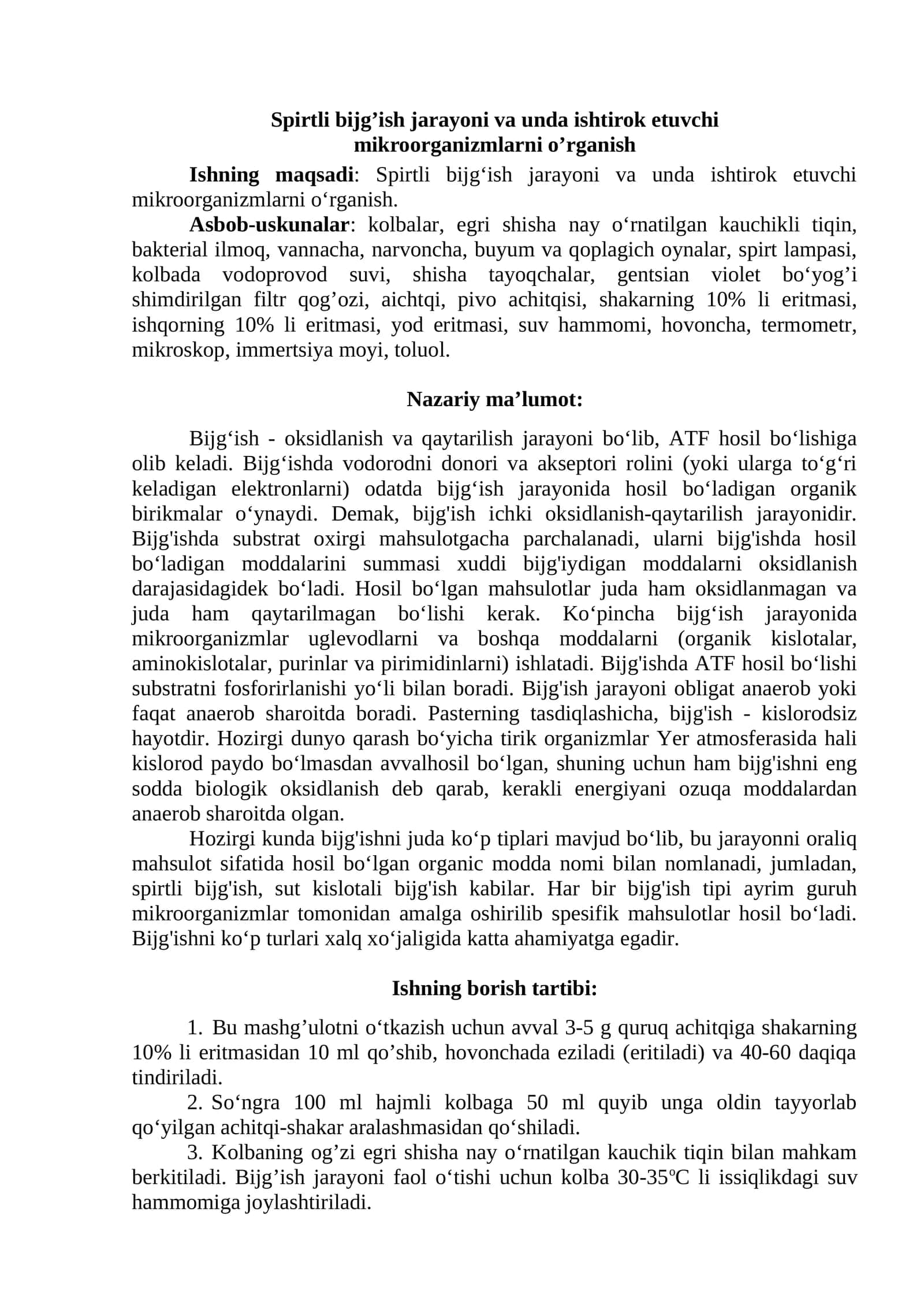 Spirtli bijg‘ish jarayoni va unda ishtirok etuvchi mikroorganizmlarni o’rganish 1