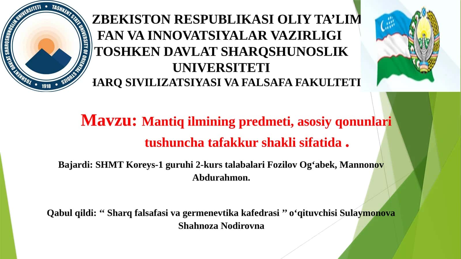 Mantiqning predmeti, asosiy qonunlari 1