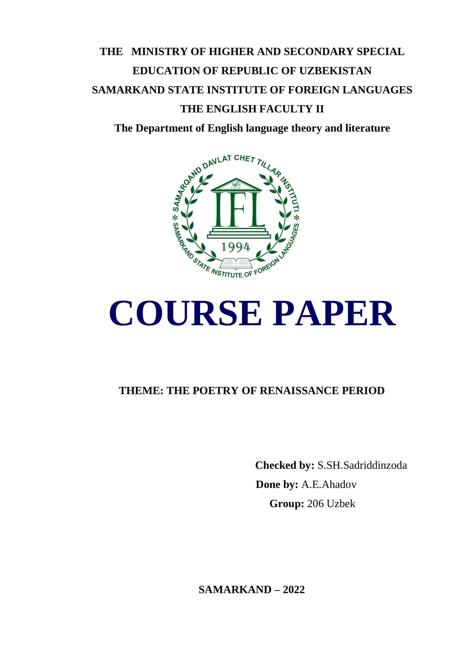 THE POETRY OF RENAISSANCE PERIOD 1