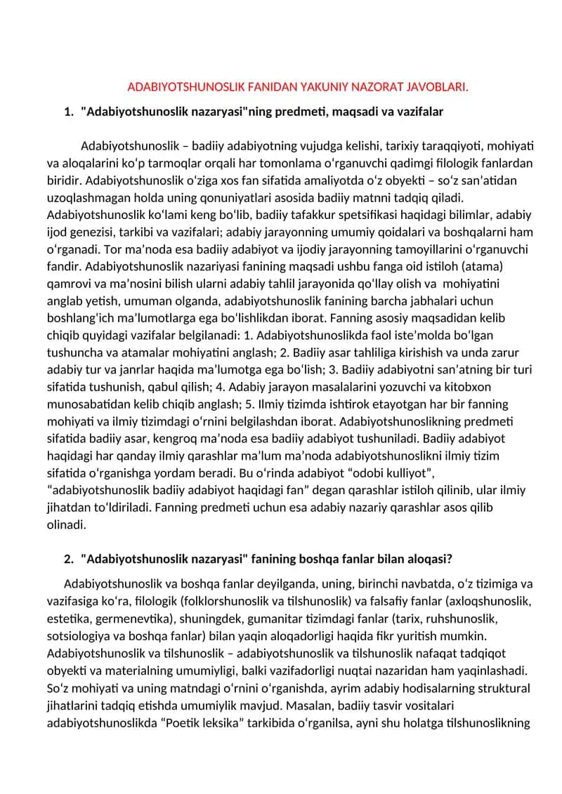 ADABIYOTSHUNOSLIK FANIDAN YAKUNIY NAZORAT JAVOBLARI 1