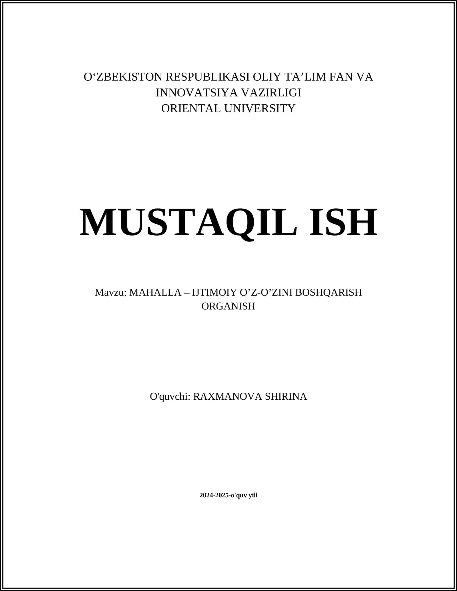 MAHALLA – IJTIMOIY O’Z-O’ZINI BOSHQARISH ORGANISH 1
