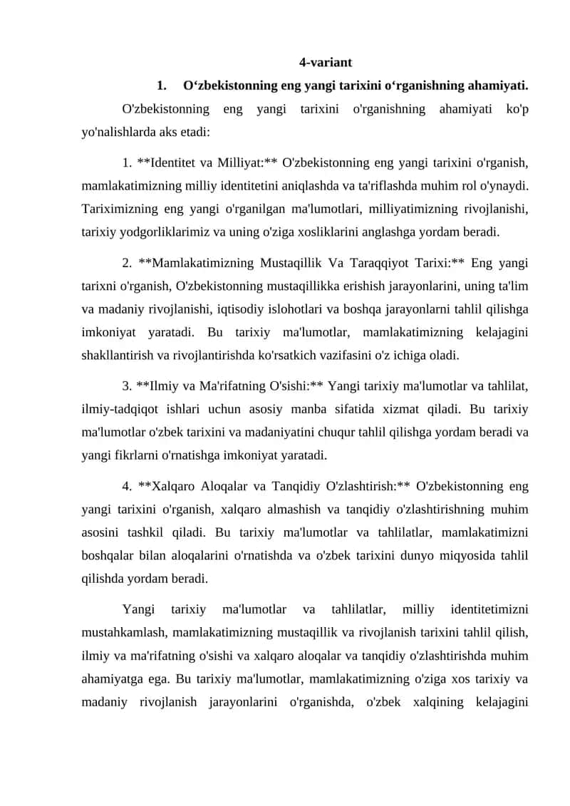 O'zbekistonning eng yangi tarixini o'rganishning ahamiyati 1