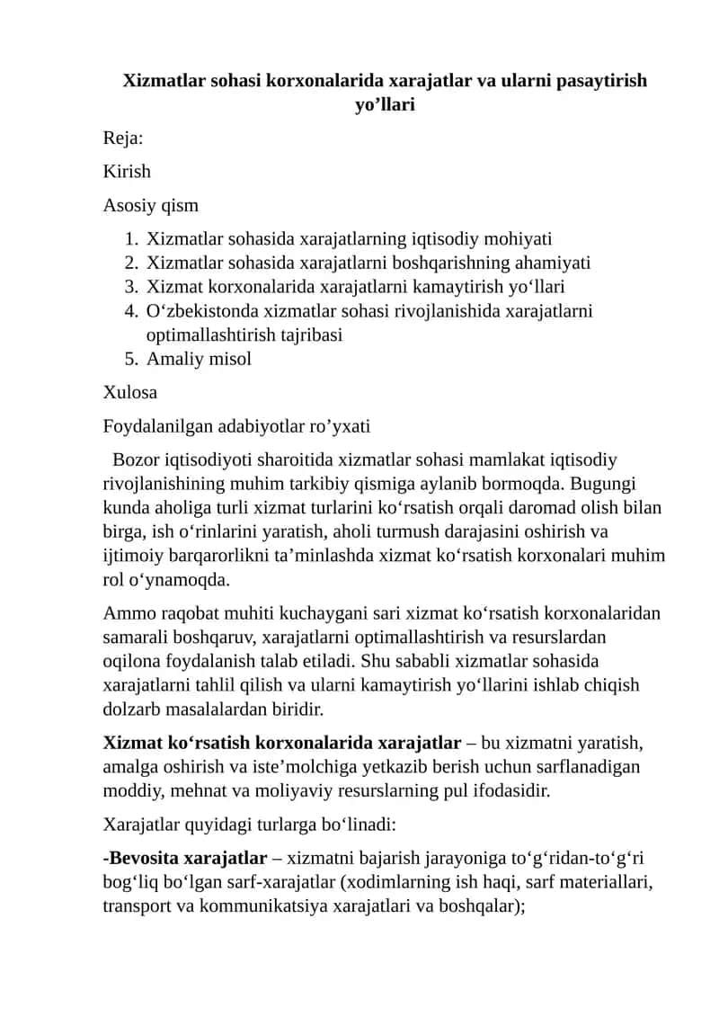 Xizmatlar sohasi korxonalarida xarajatlar va ularni pasaytirish yo’llari 1