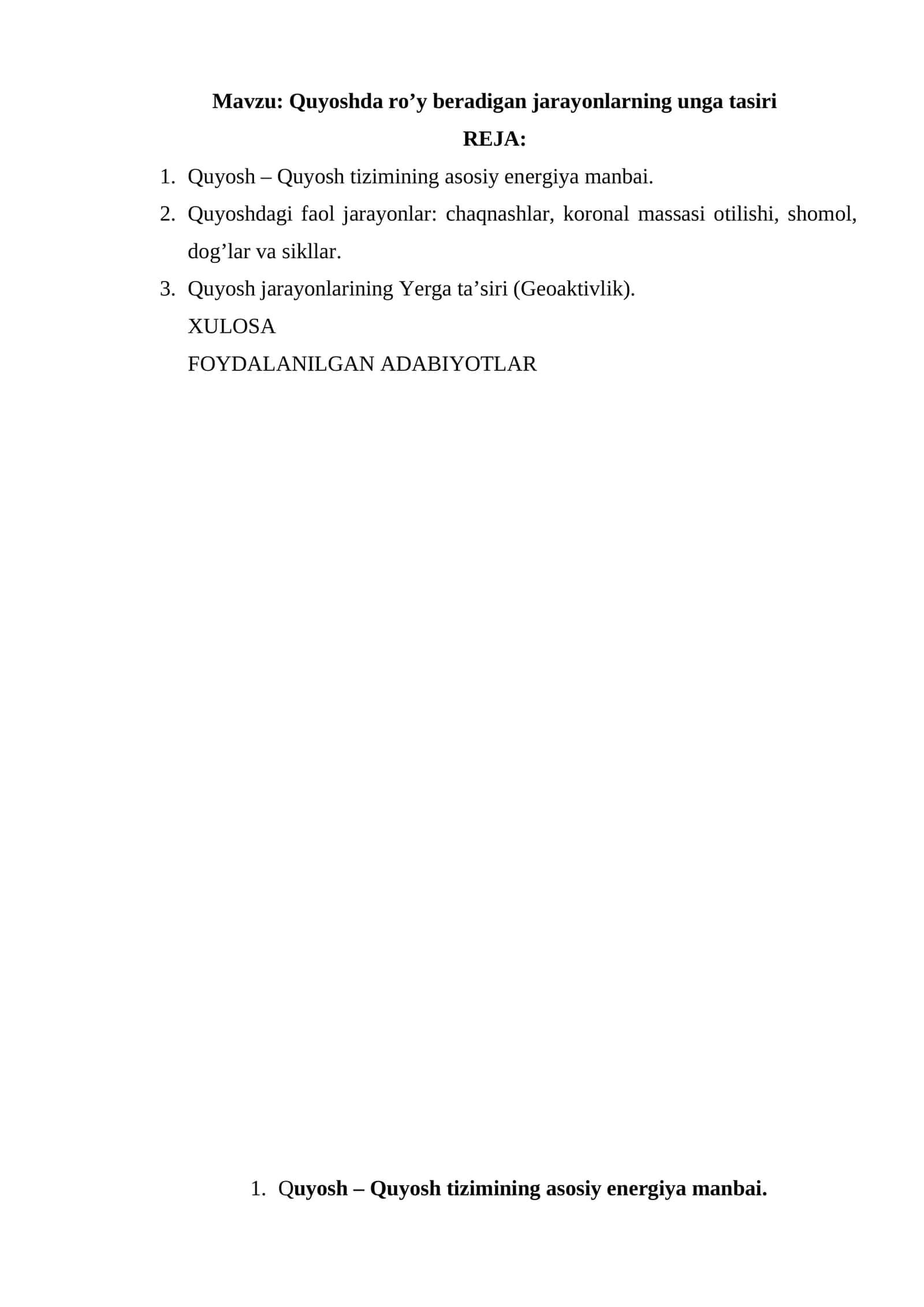 Quyoshda ro’y beradigan jarayonlarning unga tasiri 1