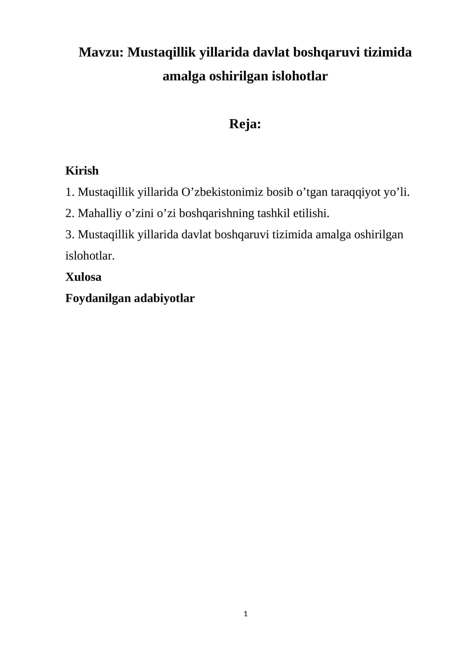 Mustaqillik yillarida davlat boshqaruvi tizimida amalga oshirilgan islohotlar 1