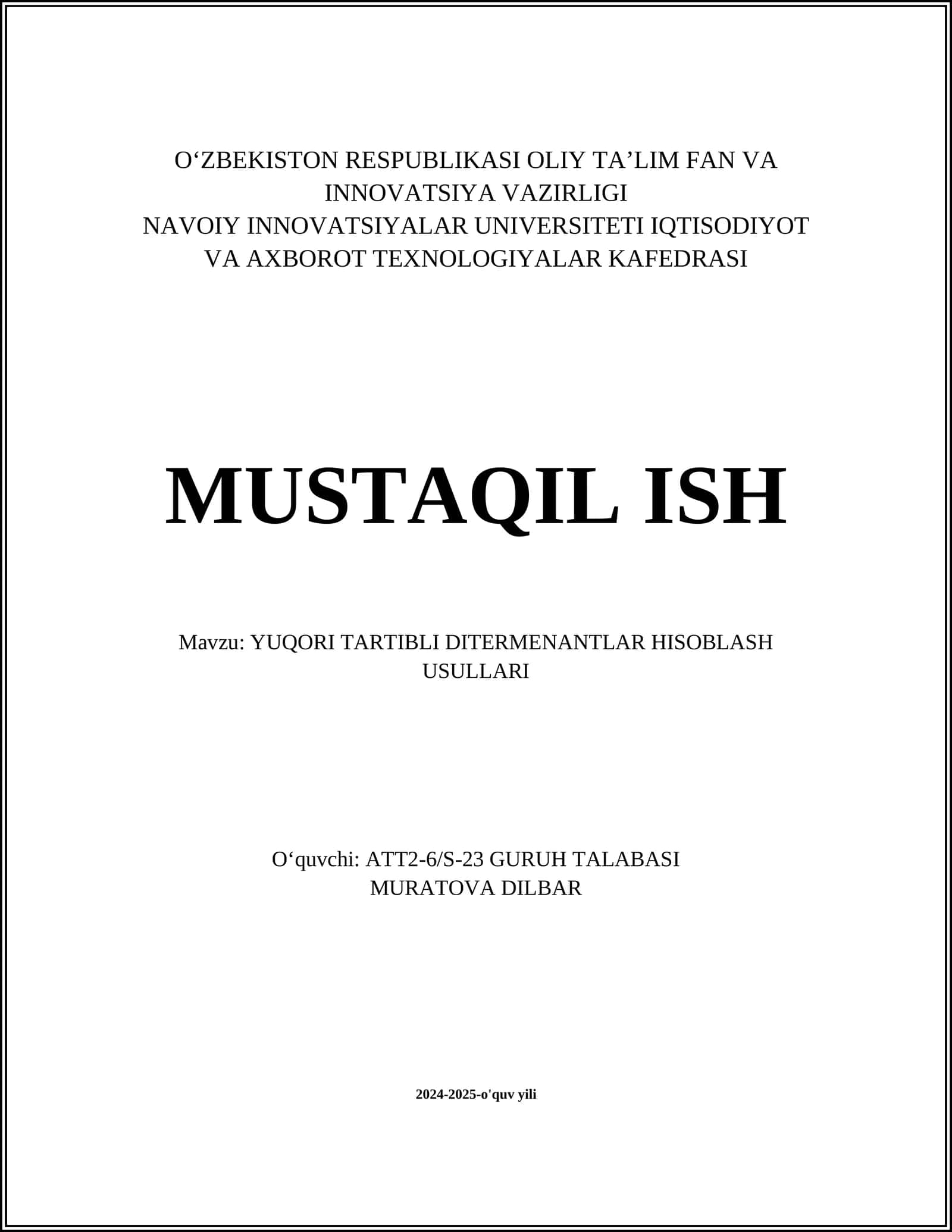 YUQORI TARTIBLI DITERMENANTLAR HISOBLASH USULLARI 1