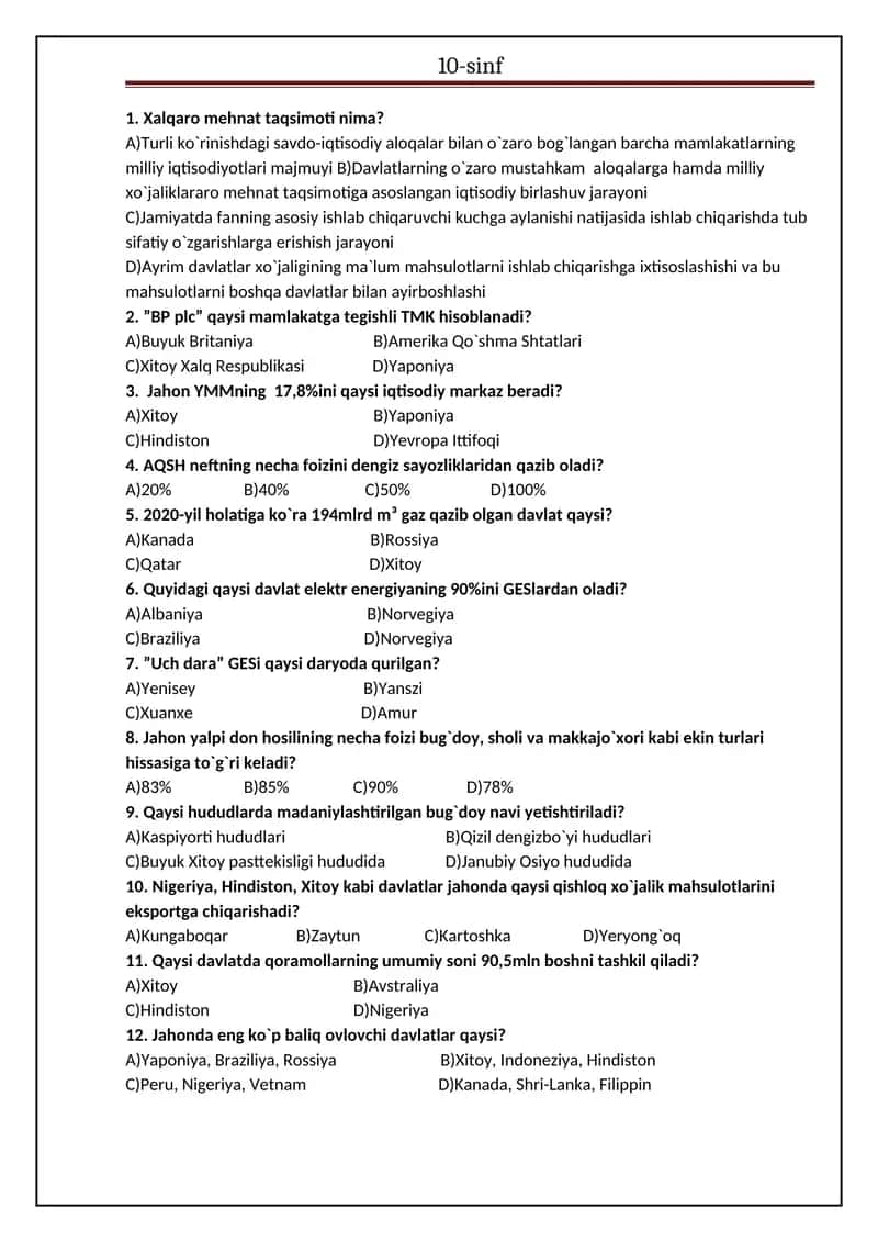 10-sinf yangi nashr etilgan geografiya darsligi asosida tuzilgan test 1