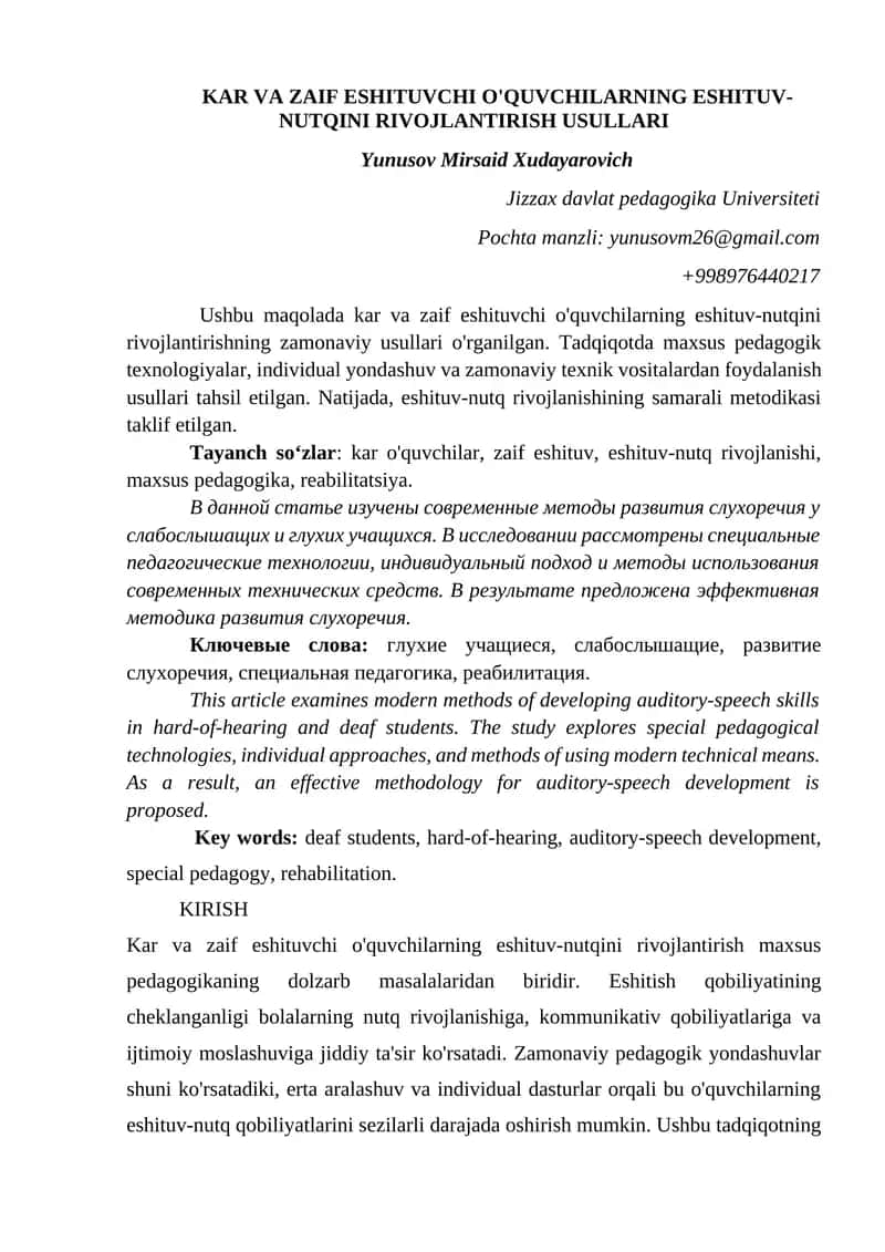 Kar Va Zaif Eshituvchi O'quvchilarning Eshituv-Nutqini Rivojlantirish Usullari 1