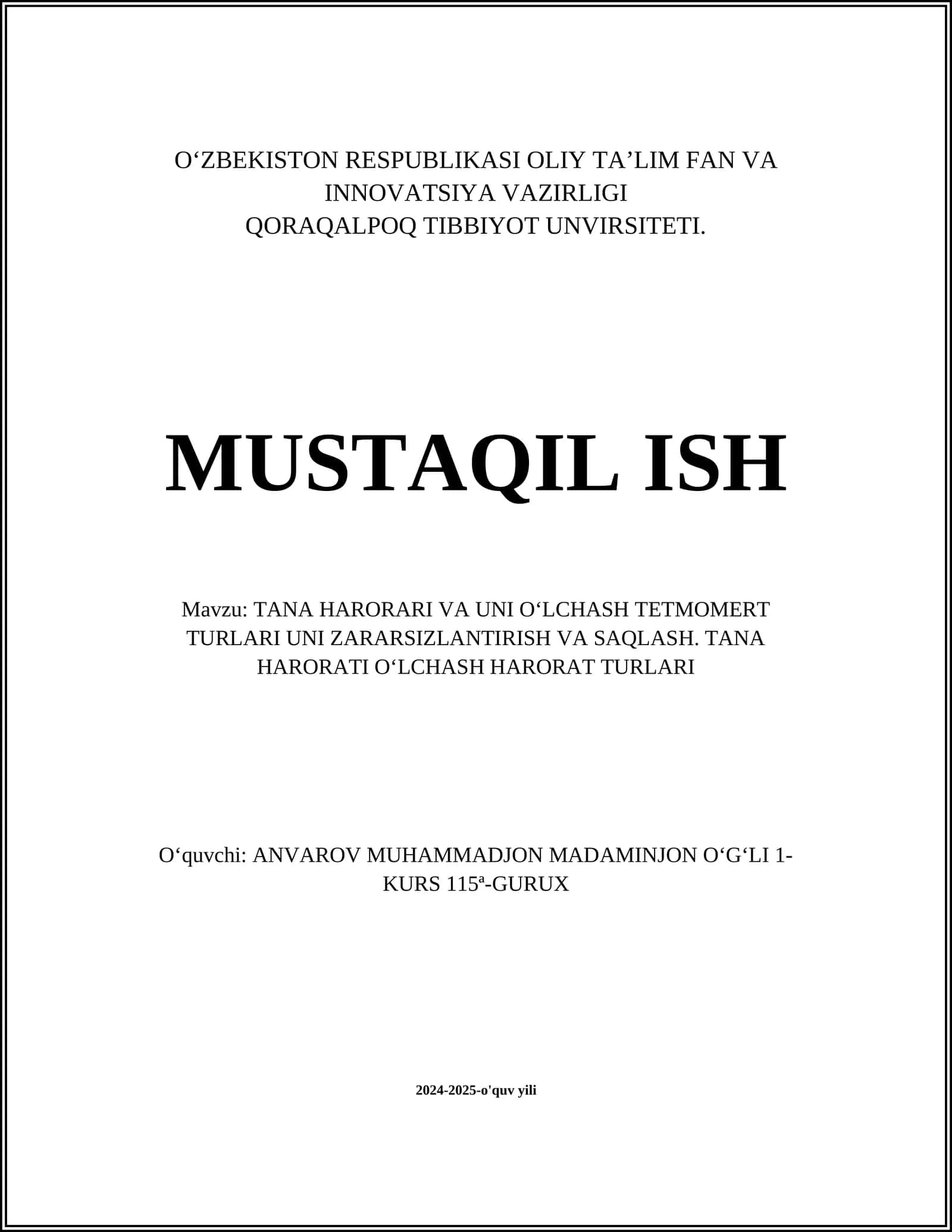 TANA HARORARI VA UNI OʻLCHASH TETMOMERT TURLARI UNI ZARARSIZLANTIRISH VA SAQLASH 1