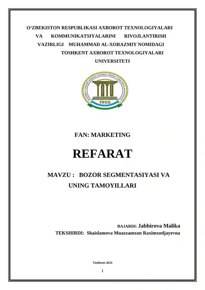 Bozor segmentatsiyasi va uning tamojillari