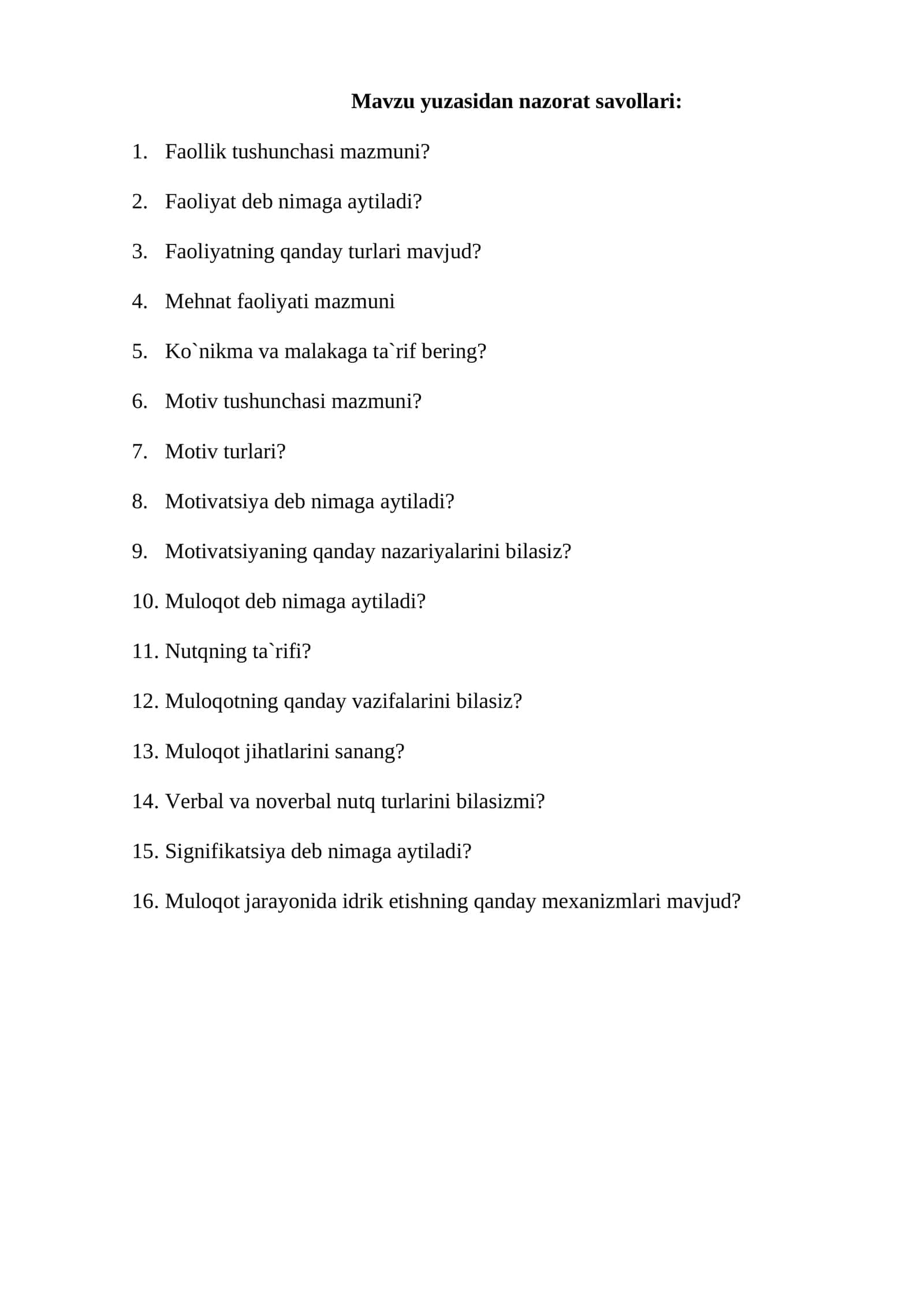 Mavzu yuzasidan nazorat savollari 1