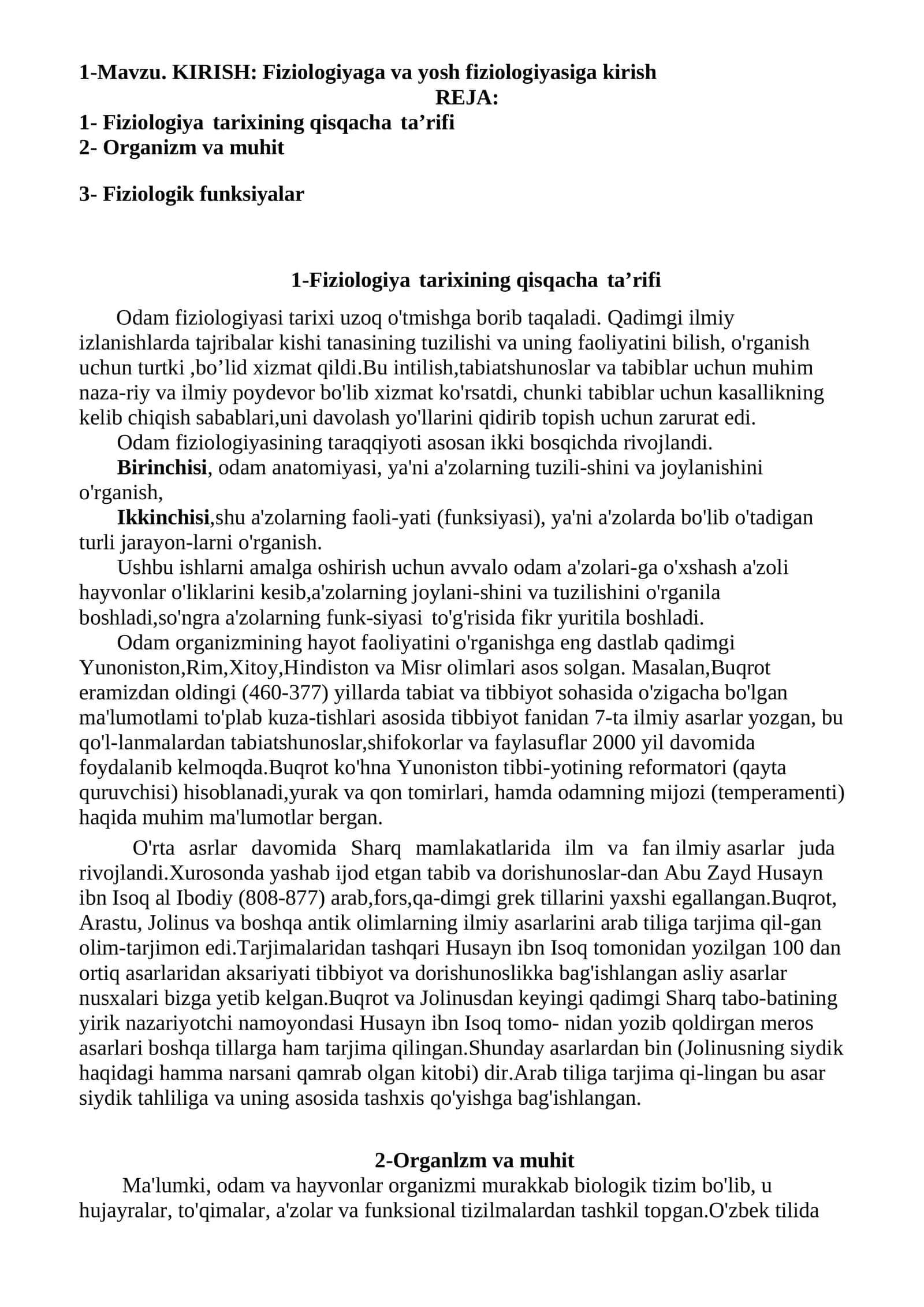 Fiziologiyaga va yosh fiziologiyasiga kirish 1