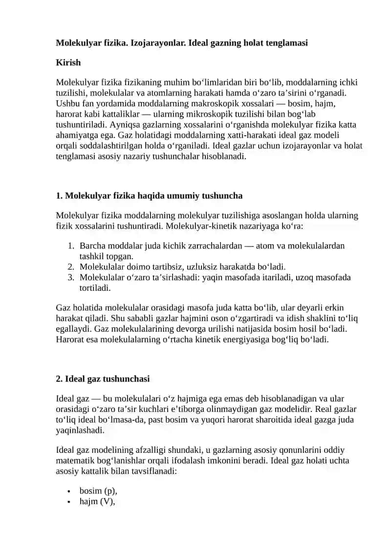 Molekulyar fizika. Izojarayonlar. Ideal gazning holat tenglamasi