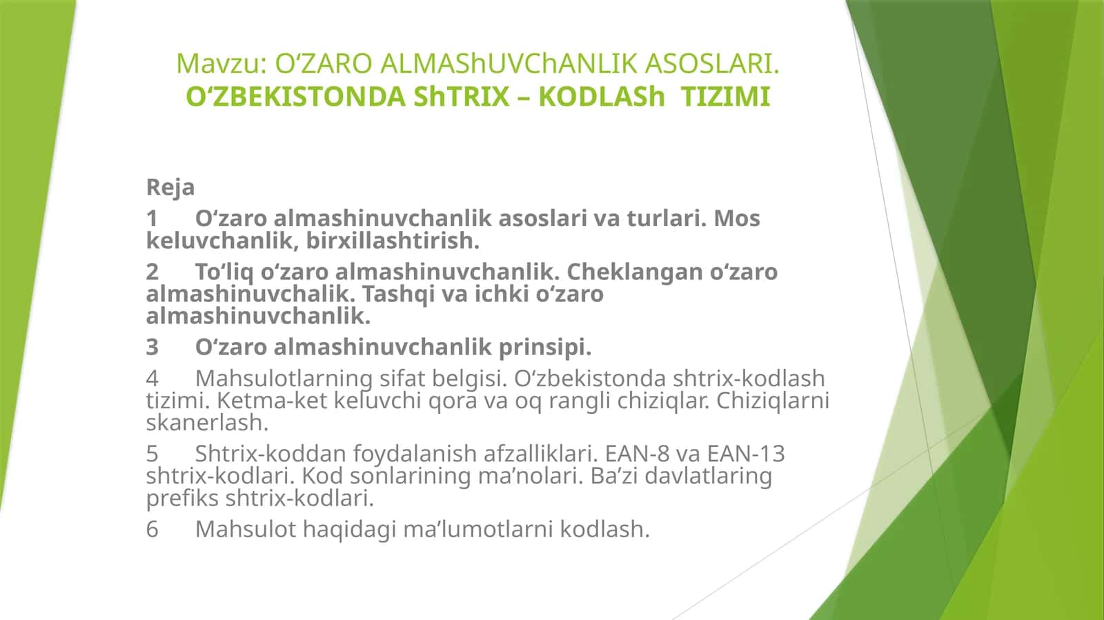 O‘ZAROALMAShUVChANLIKASOSLARI.O‘ZBEKISTONDAShTRIX–KODLAShTIZIMI 1