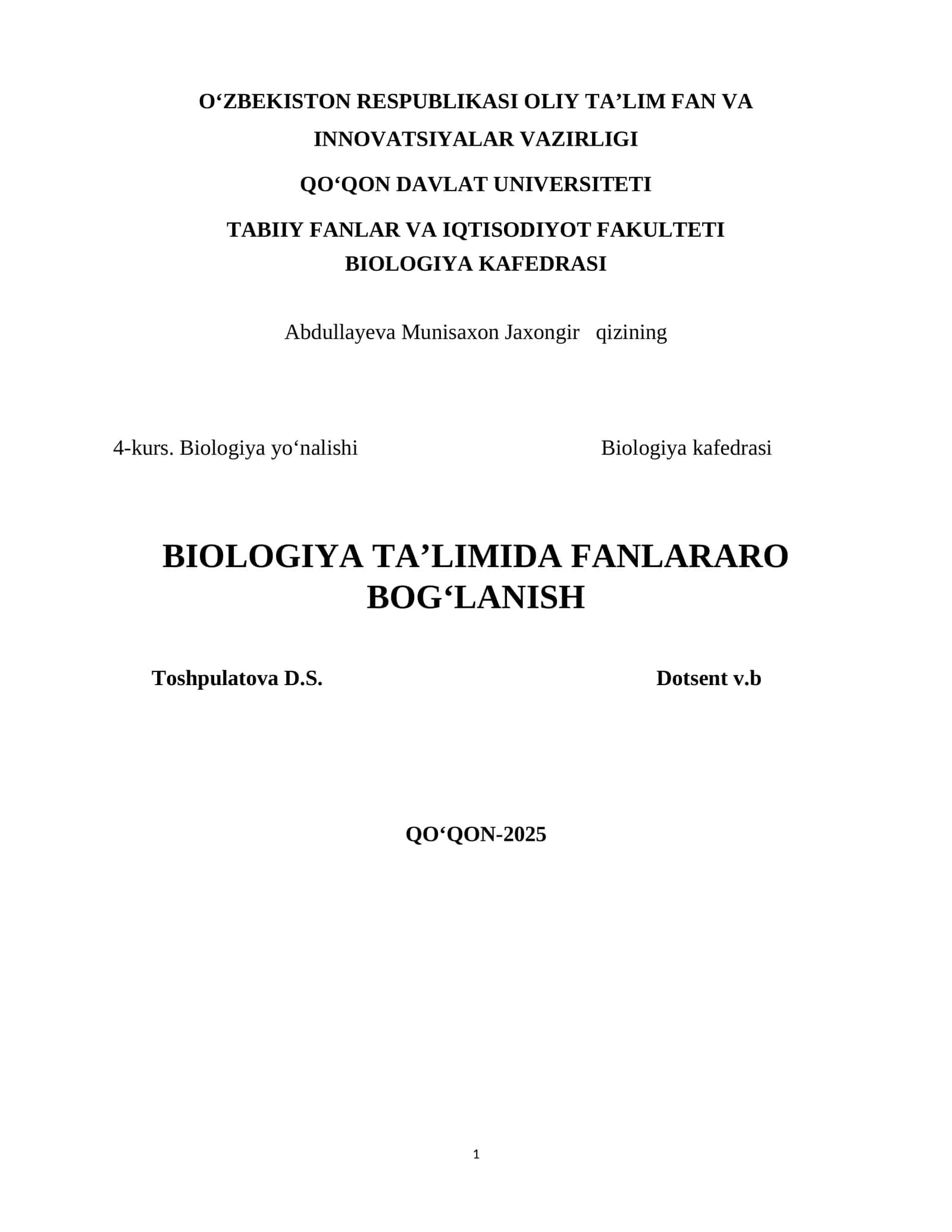 Abdullayeva Munisaxon Jaxongir qizining 4-kurs. Biologiya yo‘nalishi 1