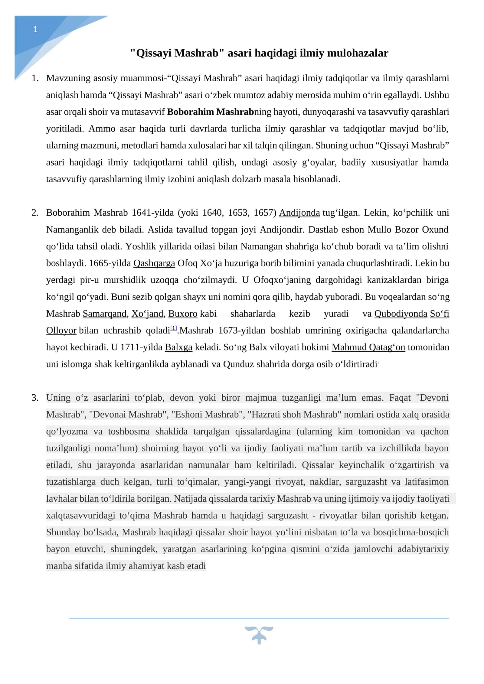 Qissayi Mashrab asari haqidagi ilmiy mulohazalar 1