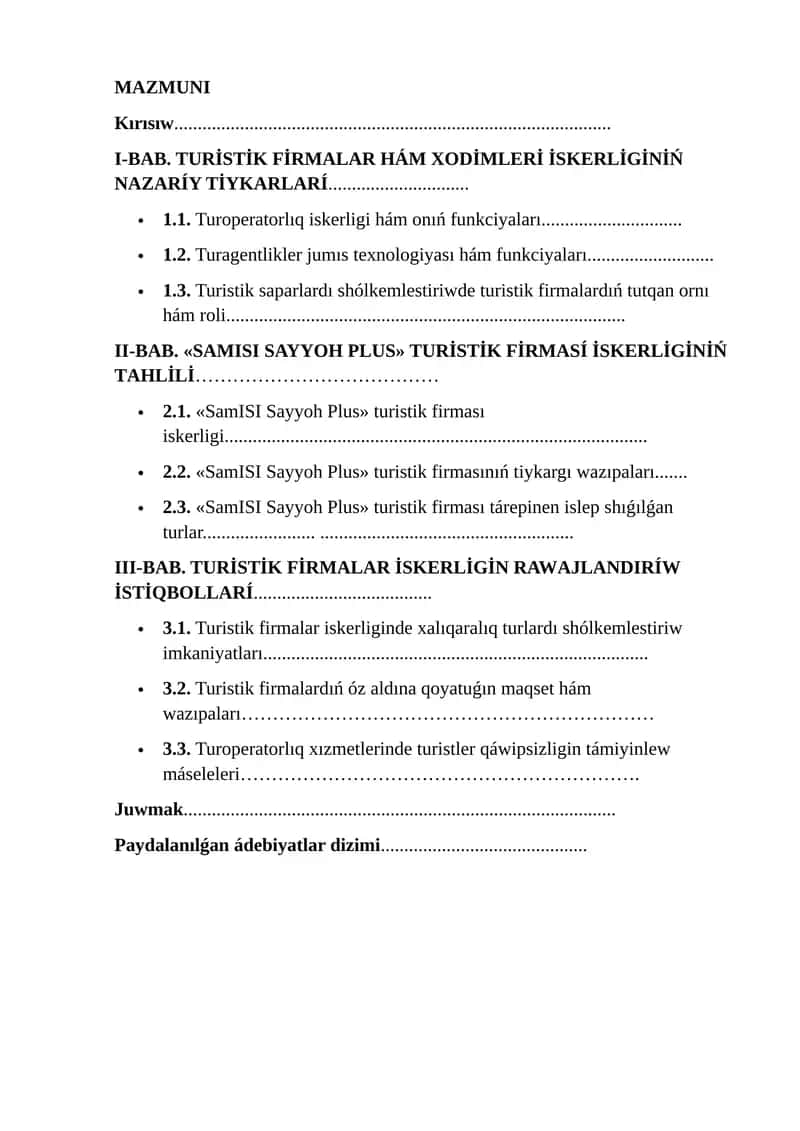 TURİSTİK FİRMАLАR HÁM XODİMLERİ İSKERLİGİNİŃ NAZARÍY TİYKАRLАRÍ 1
