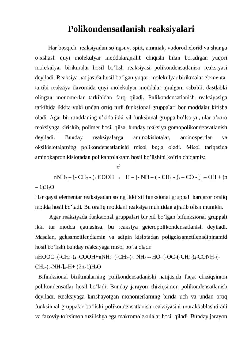 Polikondensatlanish reaksiyalari 1