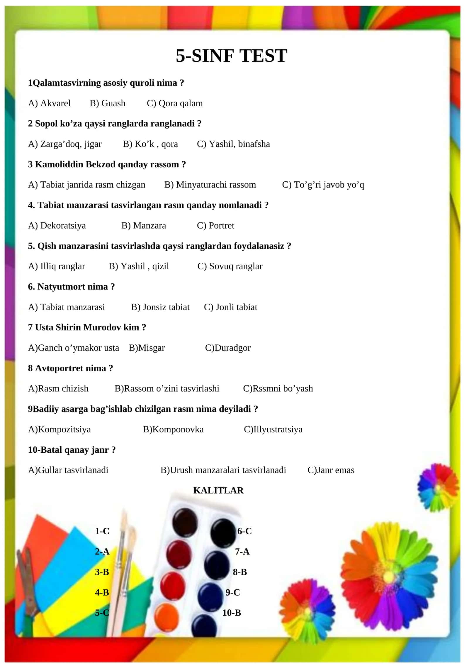 5-sinf Tasviriy san'at fanidan test 1