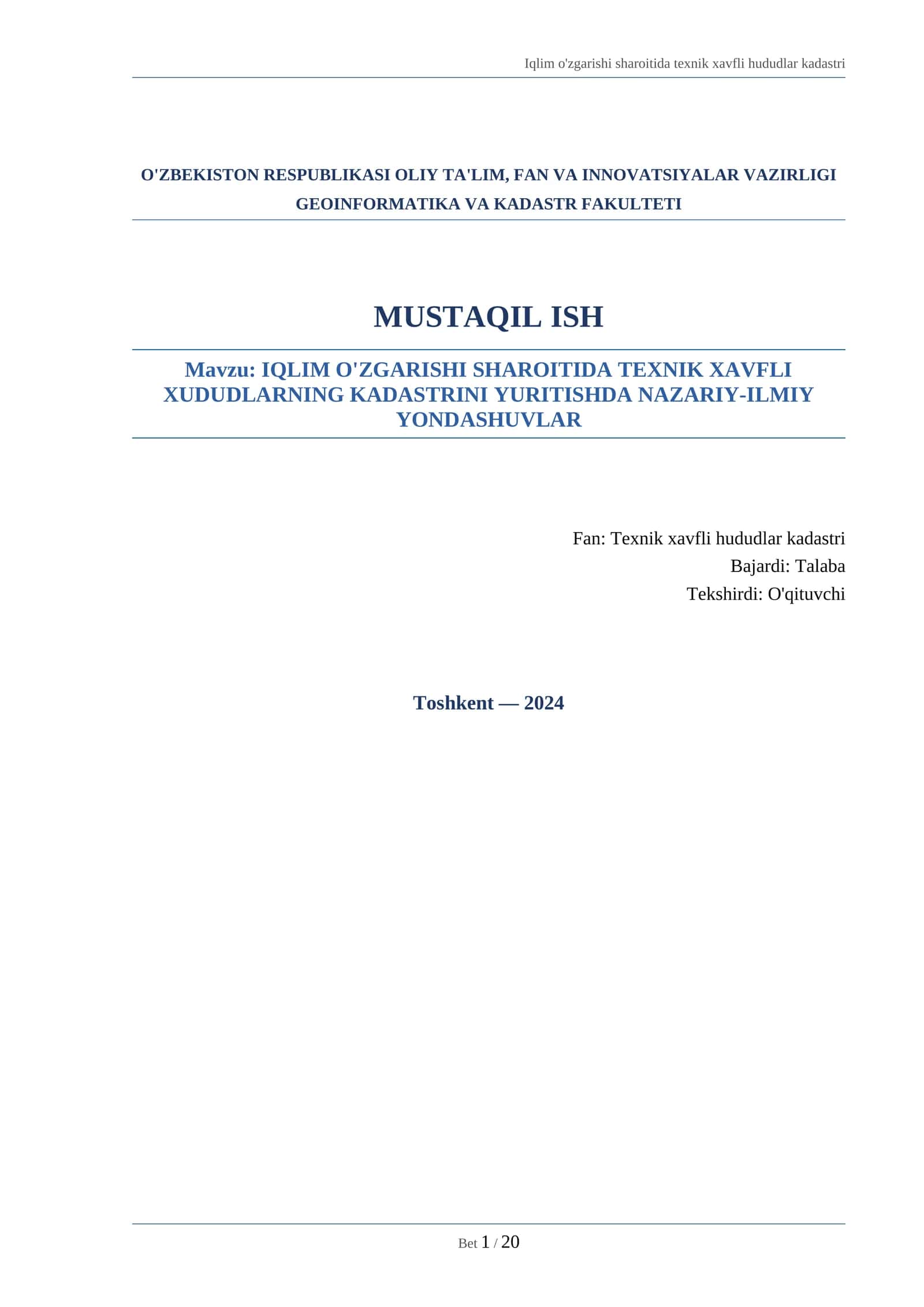 IQLIM O'ZGARISHI SHAROITIDA TEXNIK XAVFLI XUDUDLARNING KADASTRINI YURITISHDA NAZARIY-ILMIY YONDASHUVLAR 1