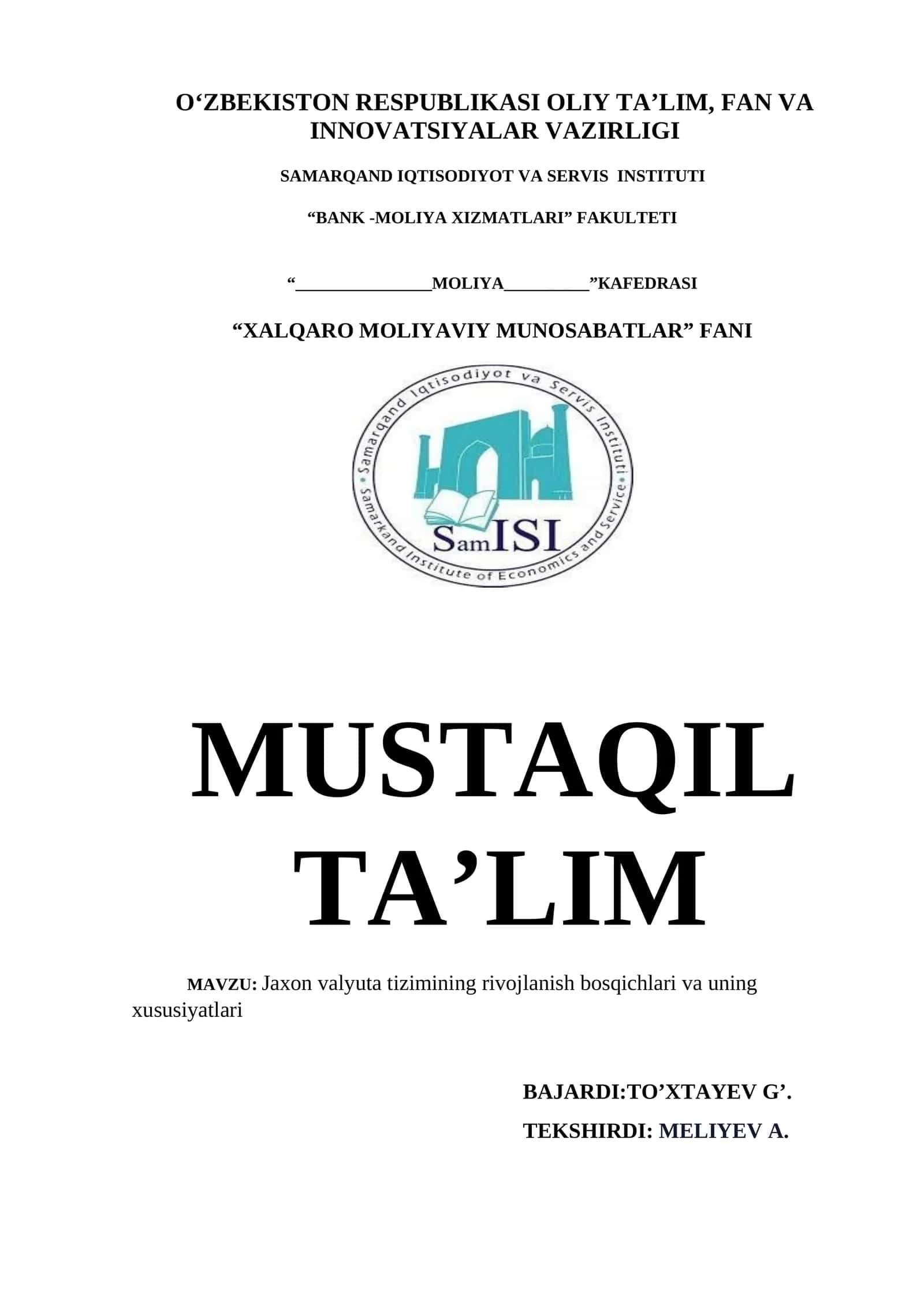 Xalqaro Moliyaviy Munosabatlar fanidan mustaqil taʼlim 1