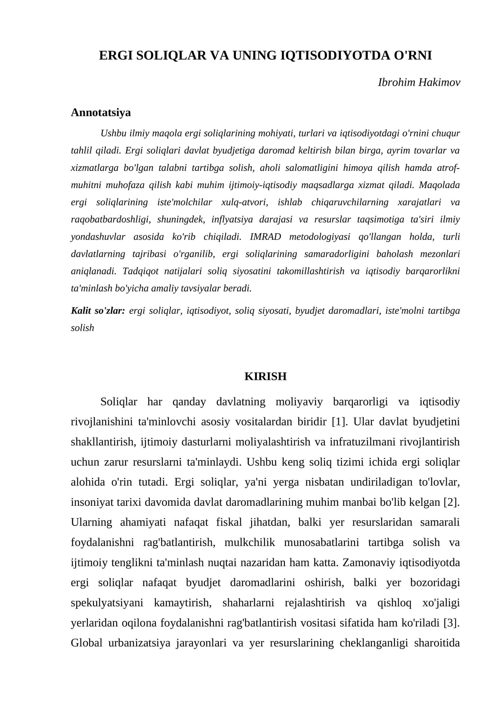 ERGI SOLIQLAR VA UNING IQTISODIYOTDA O'RNI 1