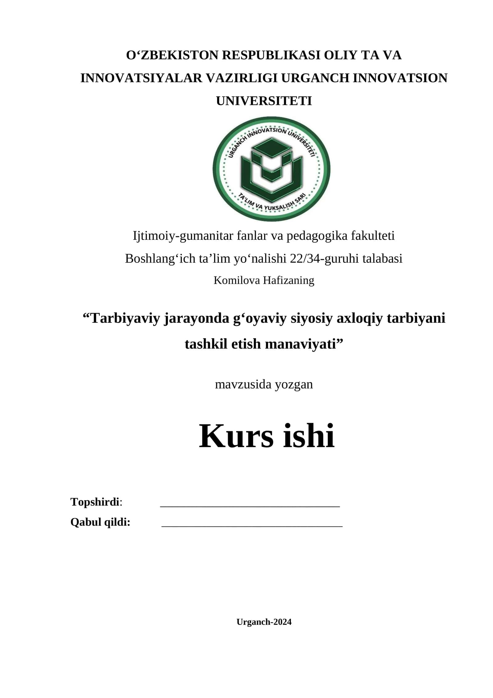 Tarbiyaviy jarayonda gʻoyaviy siyosiy axloqiy tarbiyani tashkil etish manaviyati 1
