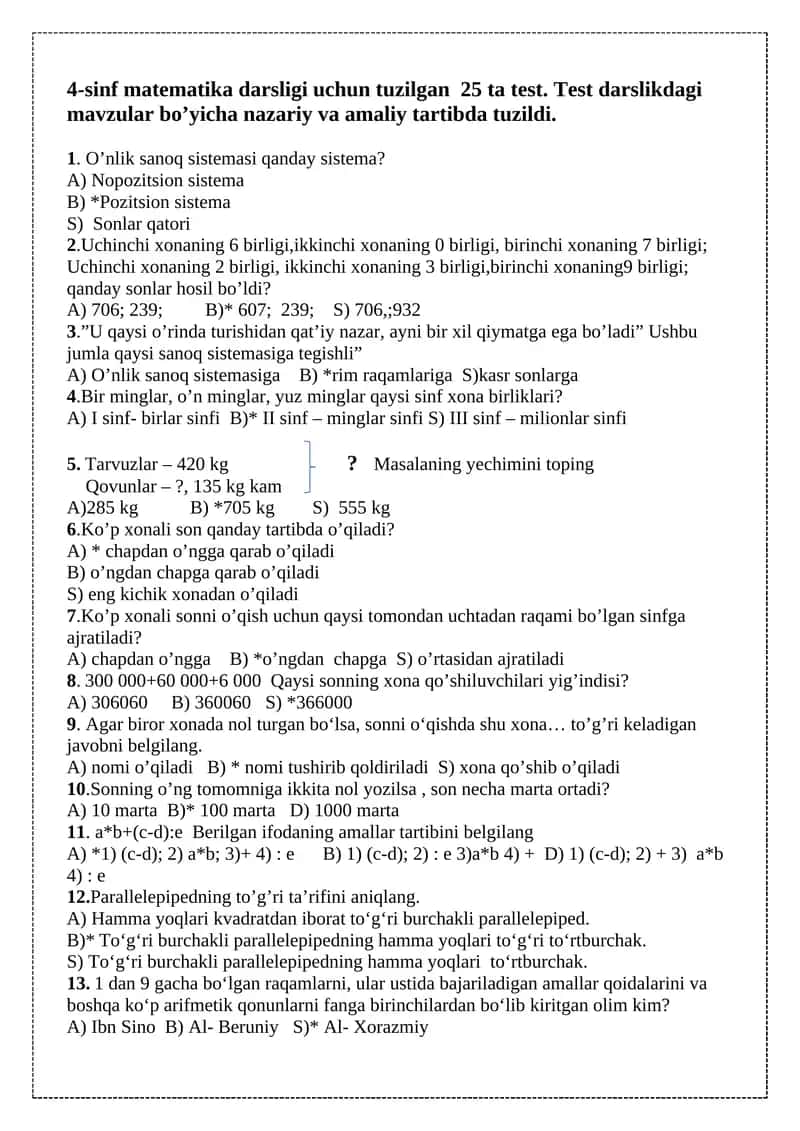 4-sinf matematika darsligi uchun tuzilgan 25 ta test 1