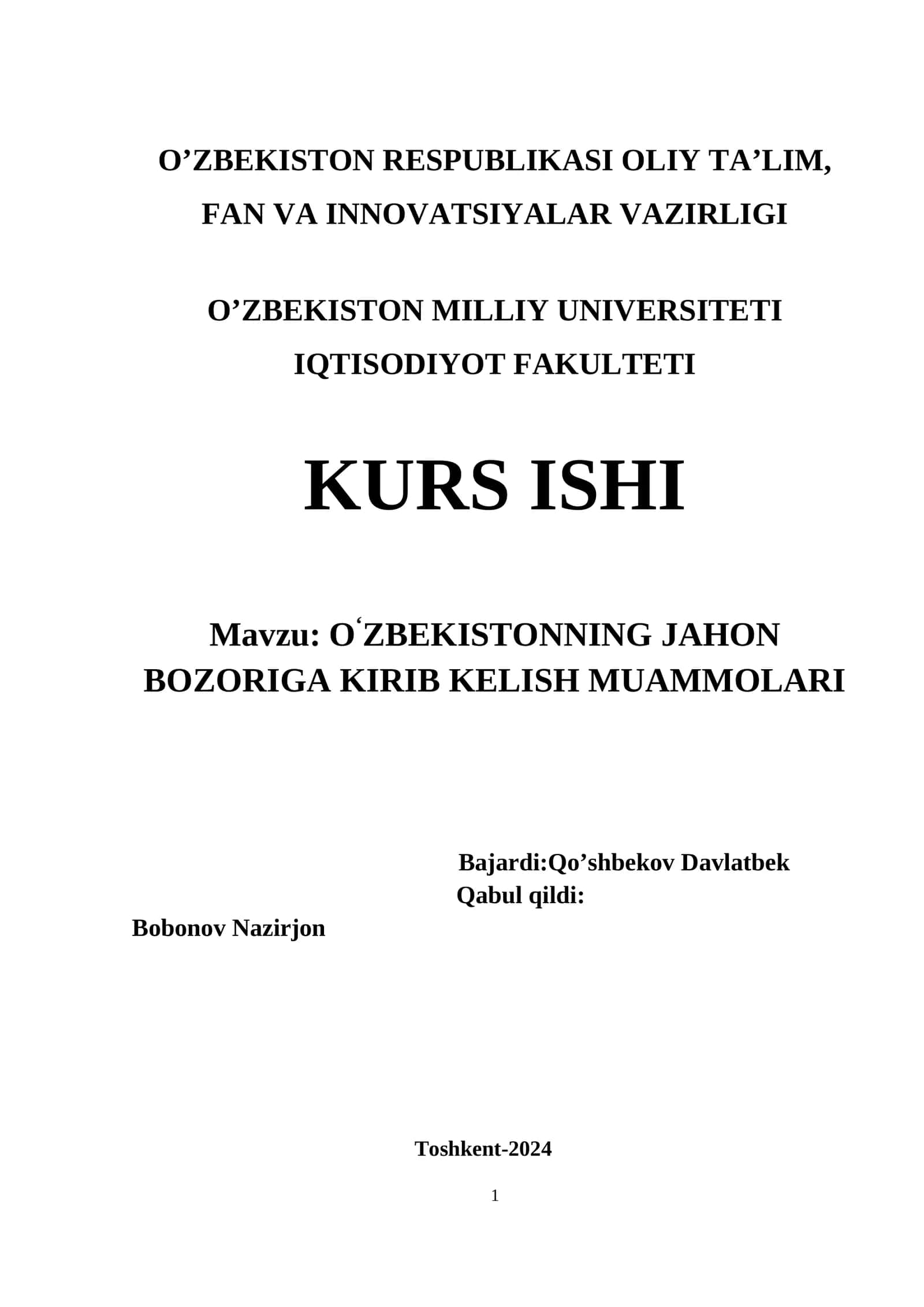 O‘ZBEKISTONNING JAHON BOZORIGA KIRIB KELISH MUAMMOLARI 1