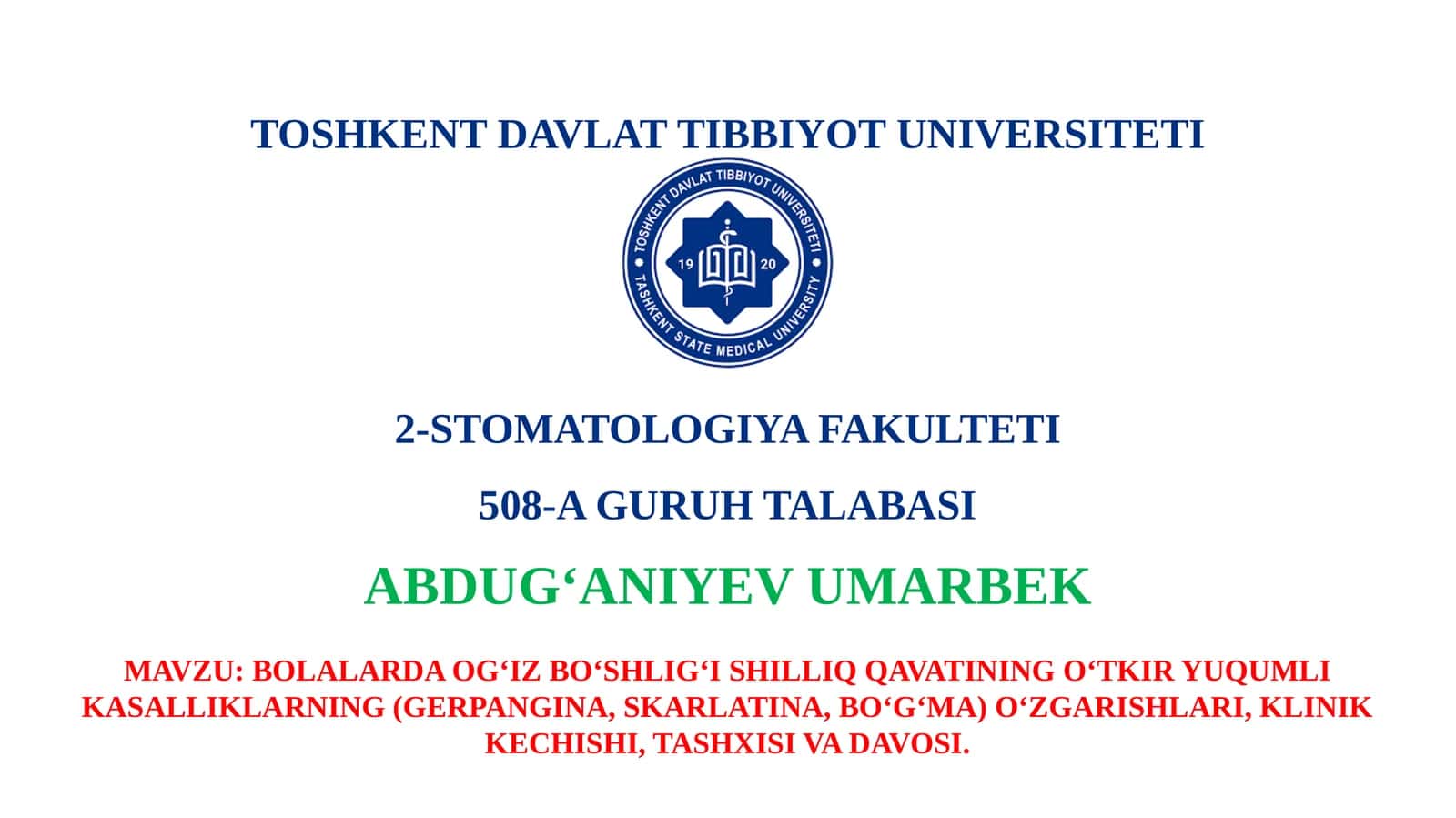 BOLALARDA OG‘IZ BO‘SHLIG‘I SHILLIQ QAVATINING O‘TKIR YUQUMLI KASALLIKLARNING (GERPANGINA, SKARLATINA, BO‘G‘MA) O‘ZGARISHLARI, KLINIK KECHISHI, TASHXISI VA DAVOSI 1
