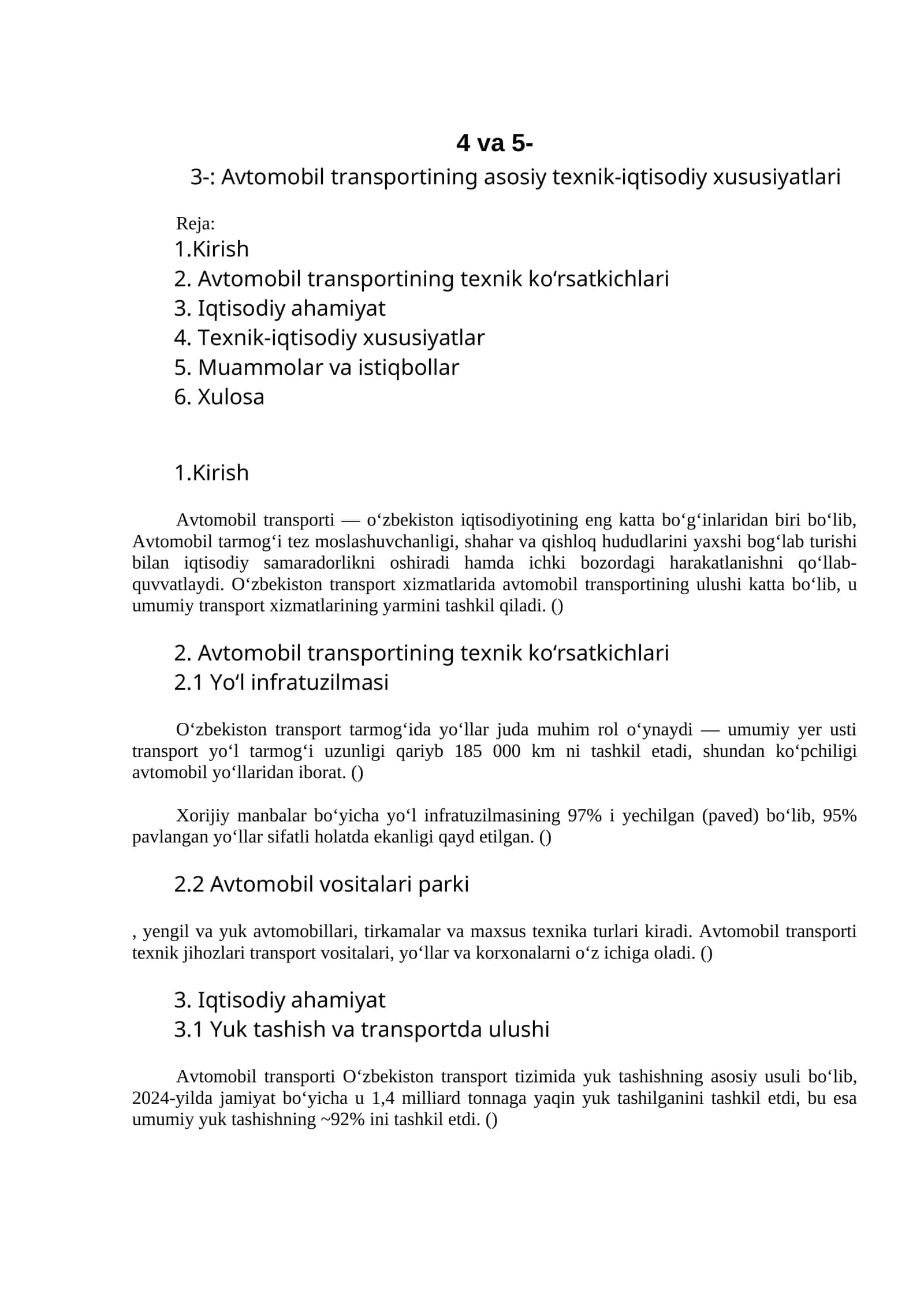 Avtomobil transportining asosiy texnik-iqtisodiy xususiyatlari 1