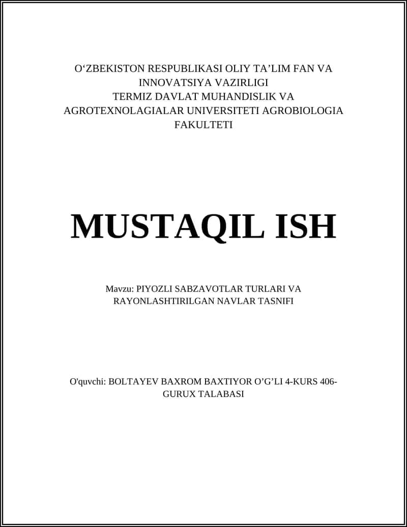PIYOZLI SABZAVOTLAR TURLARI VA RAYONLASHTIRILGAN NAVLAR TASNIFI 1