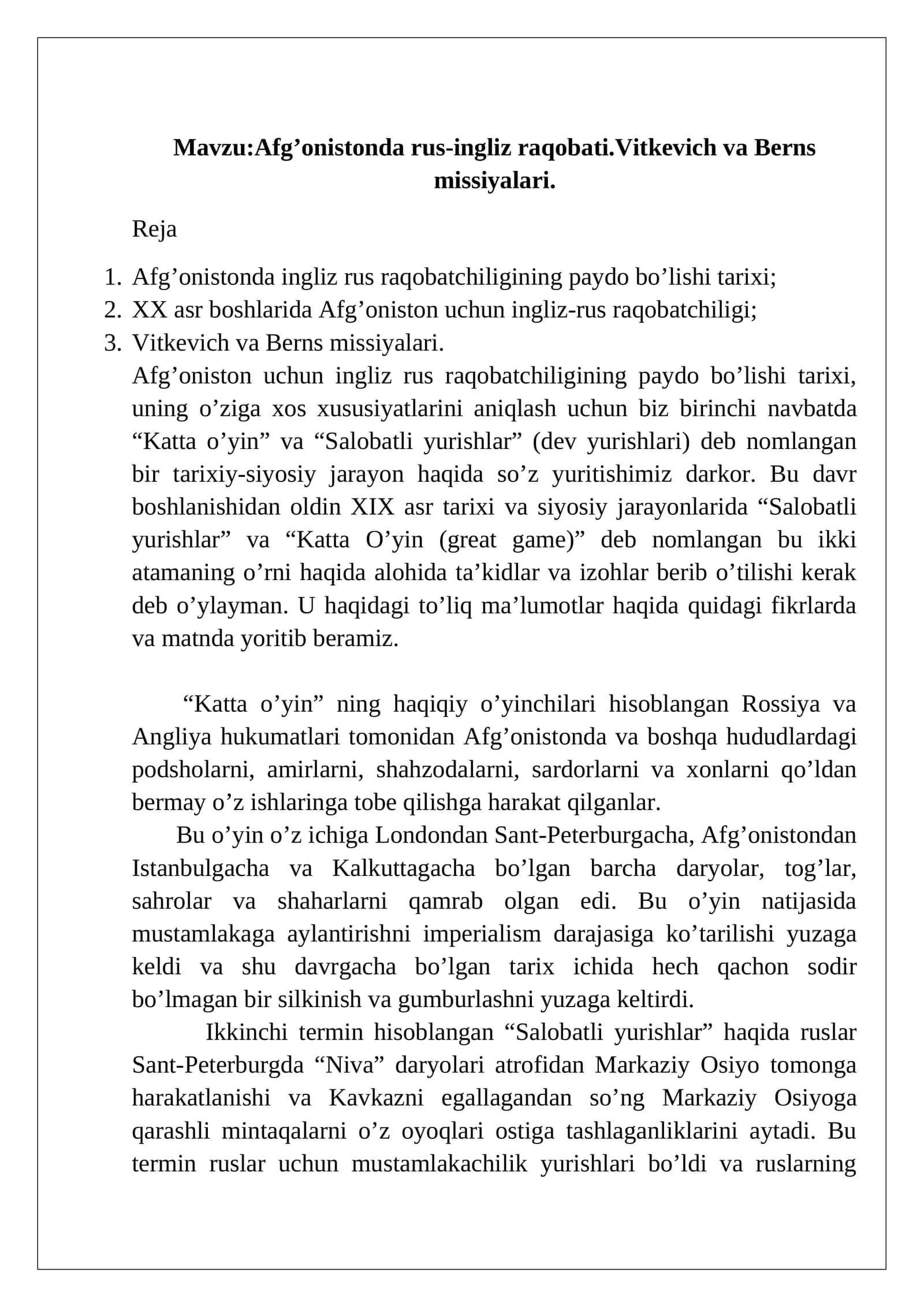 Afg’onistonda rus-ingliz raqobati.Vitkevich va Berns missiyalari 1