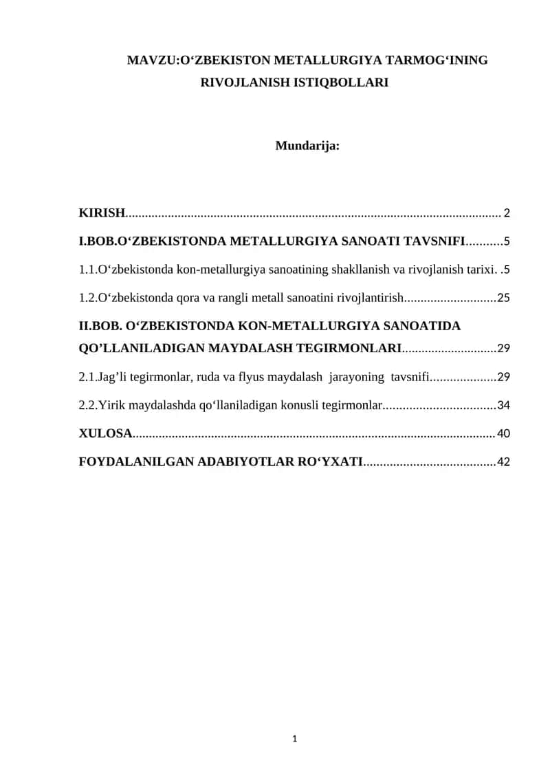 O‘zbekiston metallurgiya tarmog‘ining rivojlanish istiqbollari 1