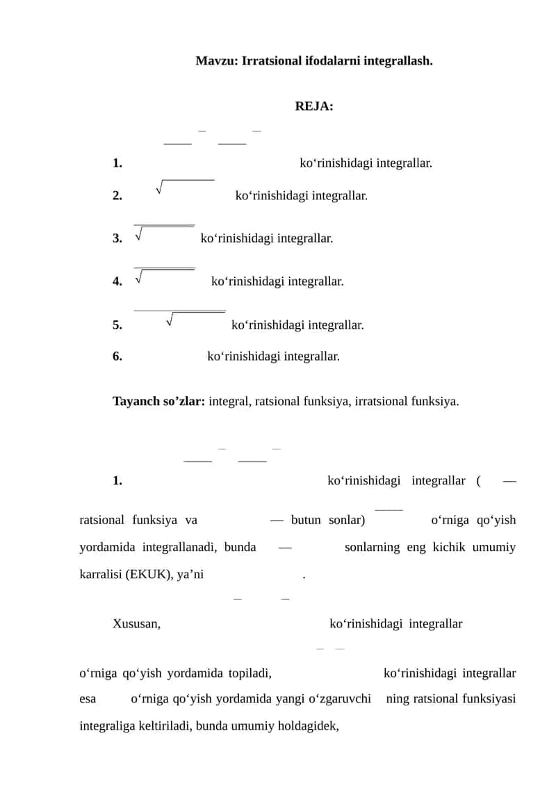 Irratsional ifodalarni integrallash. 1
